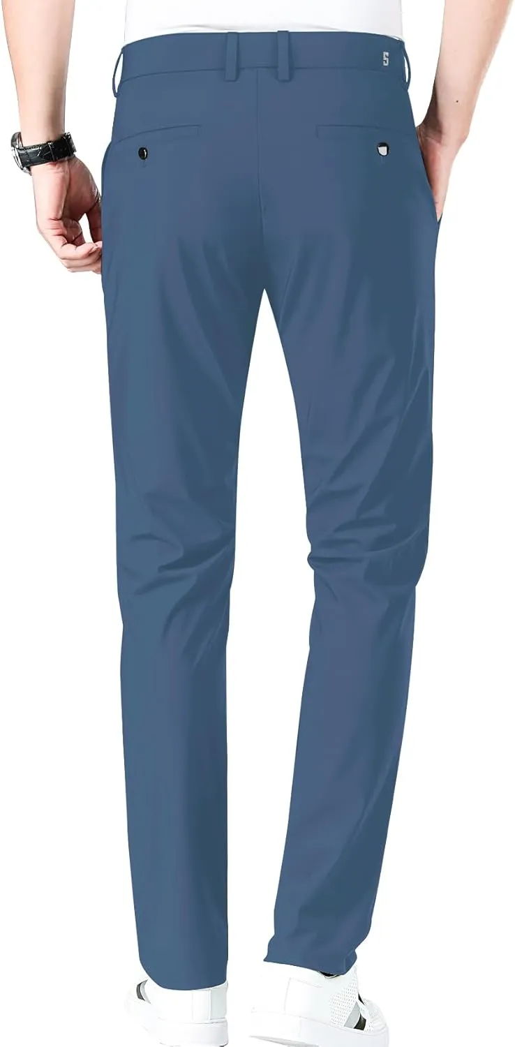 LUSHENUNI Men's Golf Pants Slim High Stretch, Ice Silk Dress Pants with Expandable-Waist Pants