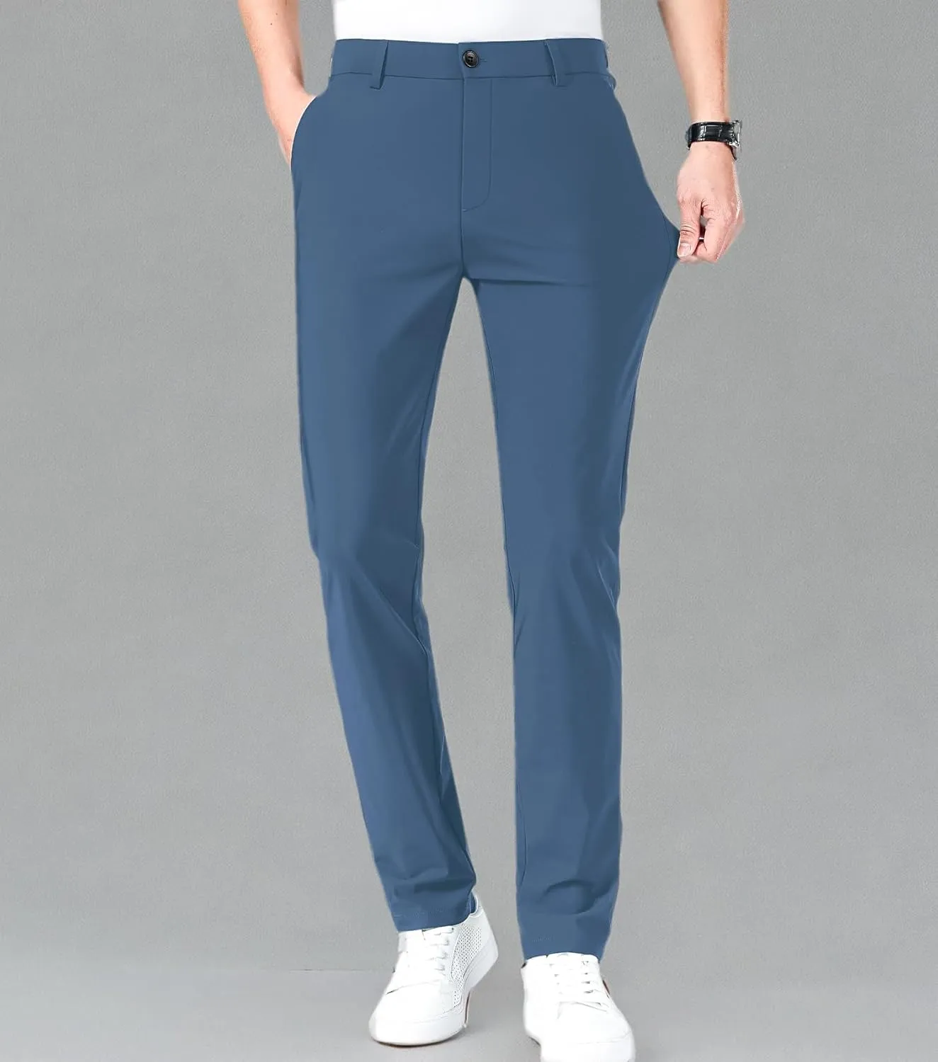 LUSHENUNI Men's Golf Pants Slim High Stretch, Ice Silk Dress Pants with Expandable-Waist Pants