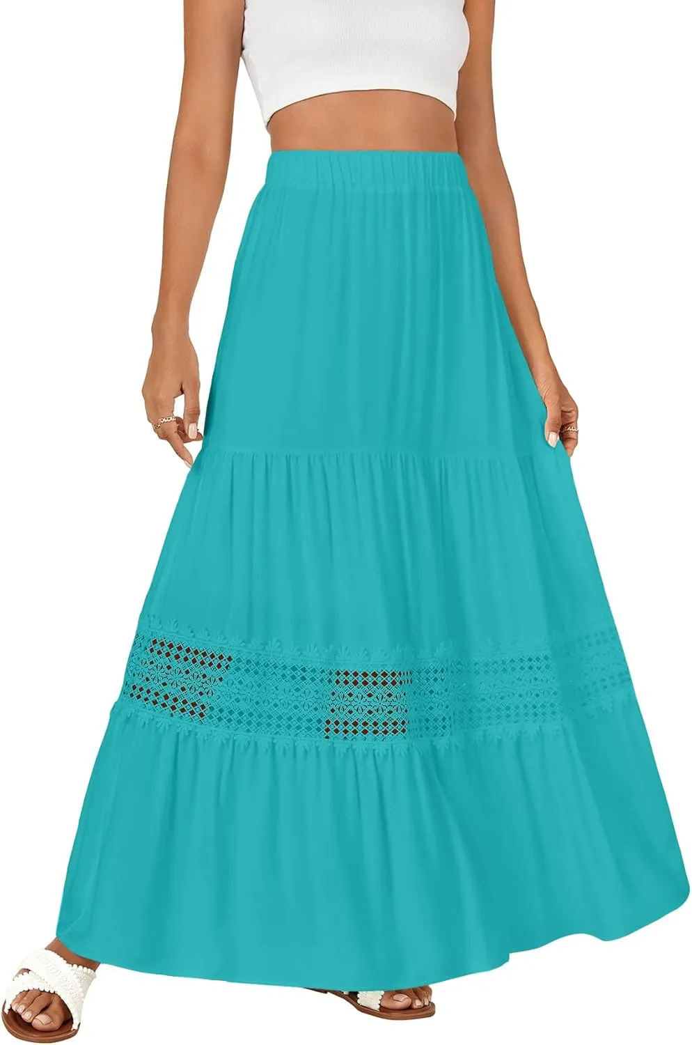 LYANER Women's Ruffle Tiered Long Skirt Elastic High Waist Pleated Lace Trim A-line Boho Maxi Skirts