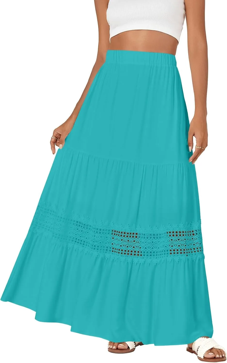 LYANER Women's Ruffle Tiered Long Skirt Elastic High Waist Pleated Lace Trim A-line Boho Maxi Skirts