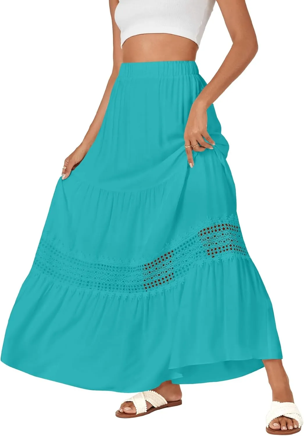 LYANER Women's Ruffle Tiered Long Skirt Elastic High Waist Pleated Lace Trim A-line Boho Maxi Skirts