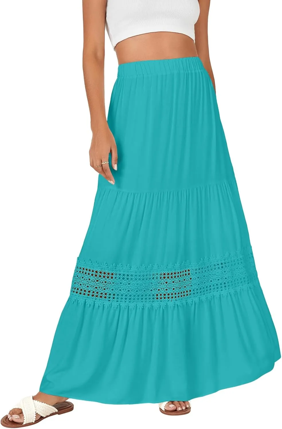 LYANER Women's Ruffle Tiered Long Skirt Elastic High Waist Pleated Lace Trim A-line Boho Maxi Skirts