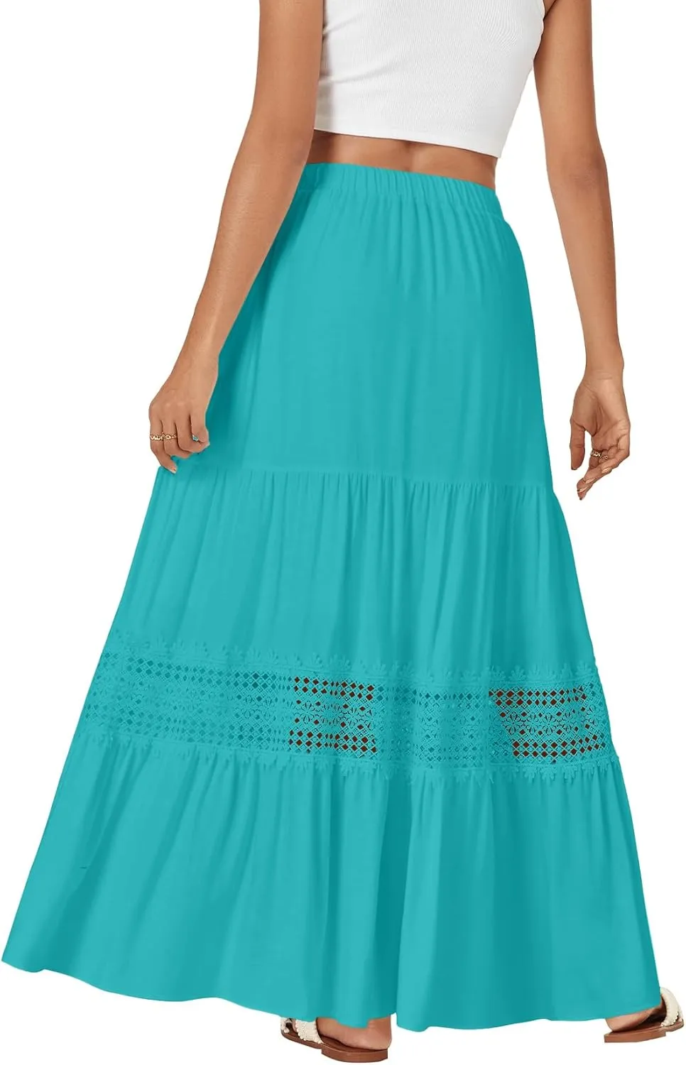 LYANER Women's Ruffle Tiered Long Skirt Elastic High Waist Pleated Lace Trim A-line Boho Maxi Skirts