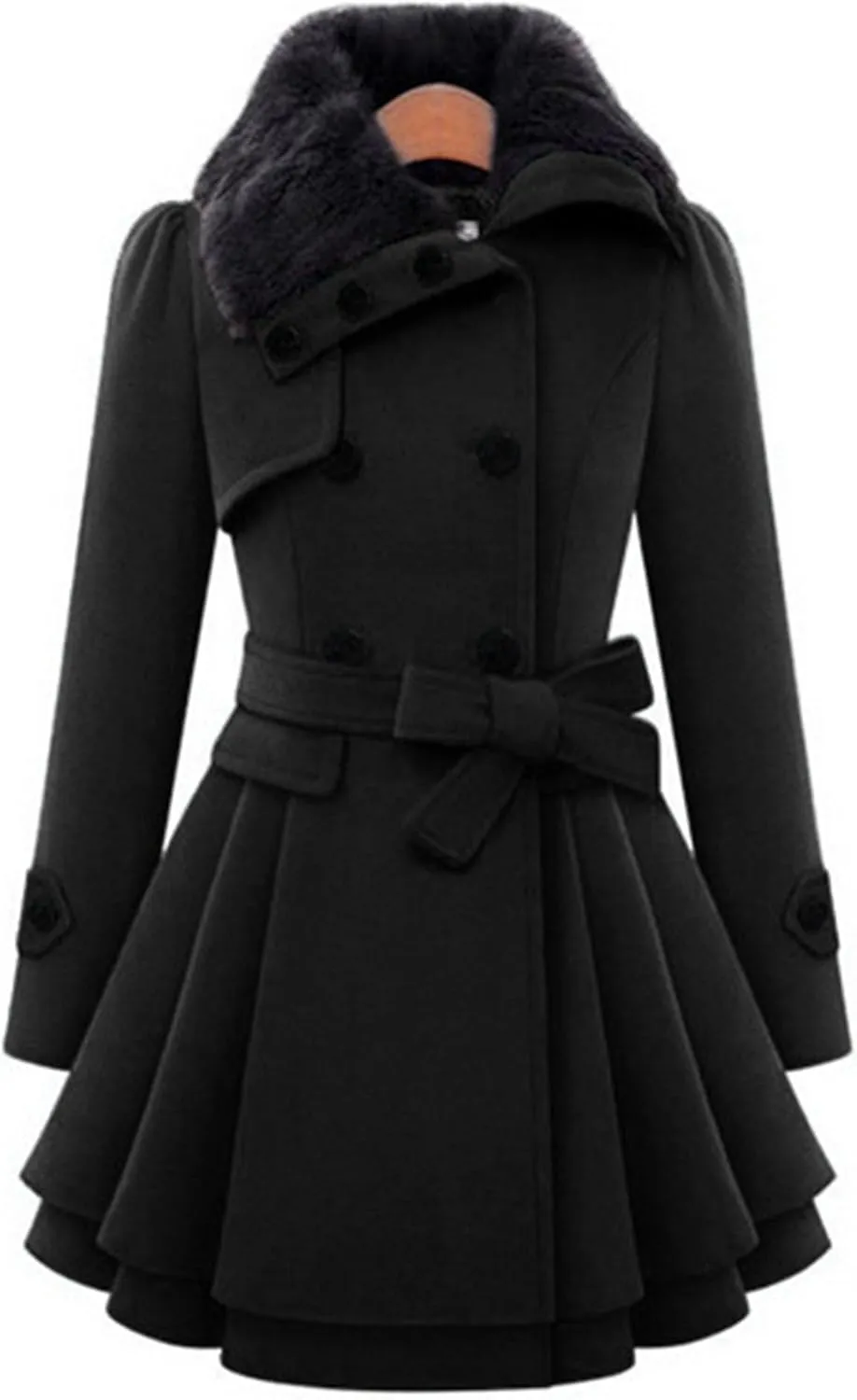 Maiyifu-GJ Womens Lapel Faux Fur Collar Wool Blend Trench Coat Vintage Double Breasted Long Jacket Casual Coat with Belt