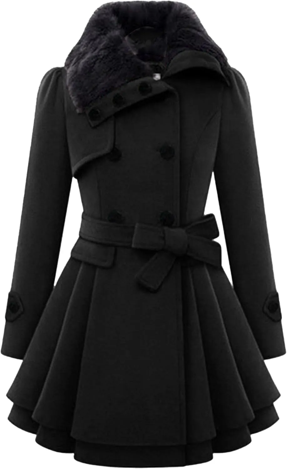 Maiyifu-GJ Womens Lapel Faux Fur Collar Wool Blend Trench Coat Vintage Double Breasted Long Jacket Casual Coat with Belt