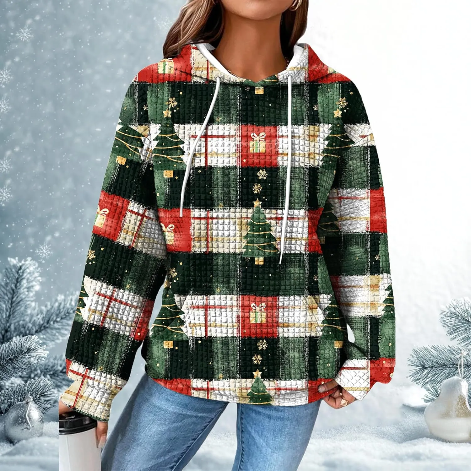 MARSVOVO Fall Womens Hoodies Pullover Oversized Drawstring Waffle Hooded Sweatshirt Casual Soft Ethnic Graphic Hoodie