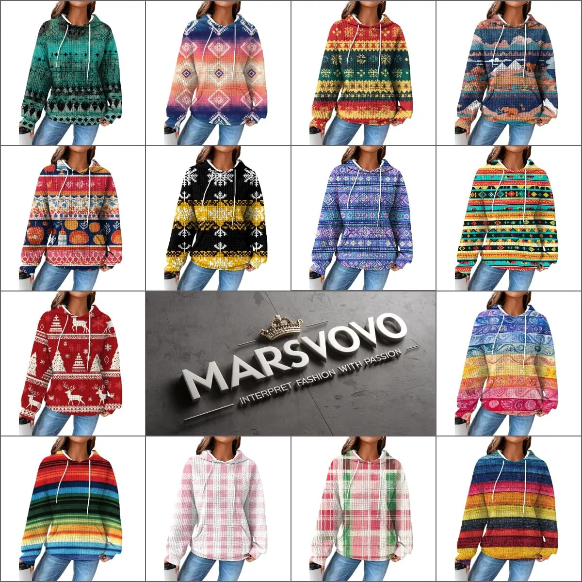 MARSVOVO Fall Womens Hoodies Pullover Oversized Drawstring Waffle Hooded Sweatshirt Casual Soft Ethnic Graphic Hoodie