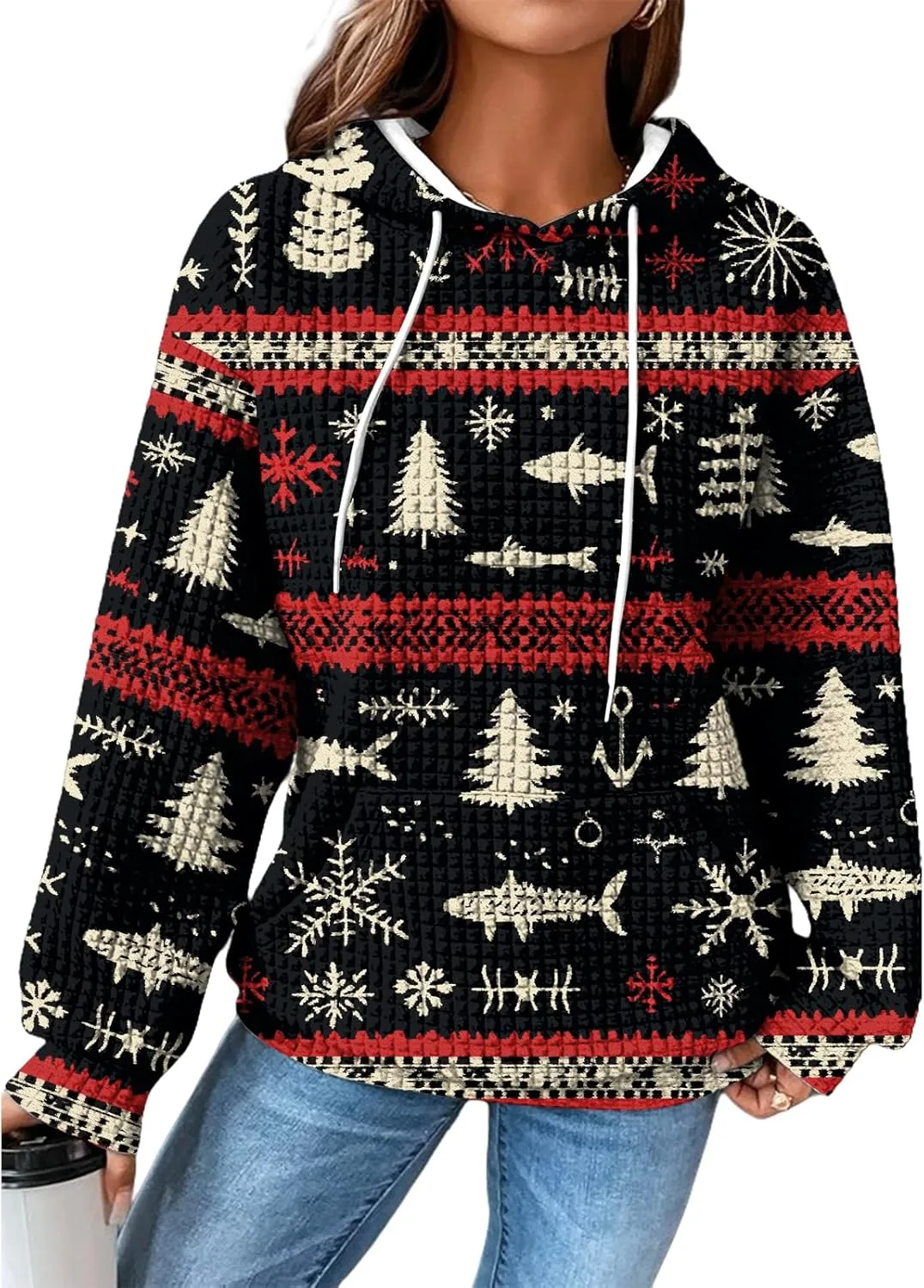 MARSVOVO Fall Womens Hoodies Pullover Oversized Drawstring Waffle Hooded Sweatshirt Casual Soft Ethnic Graphic Hoodie