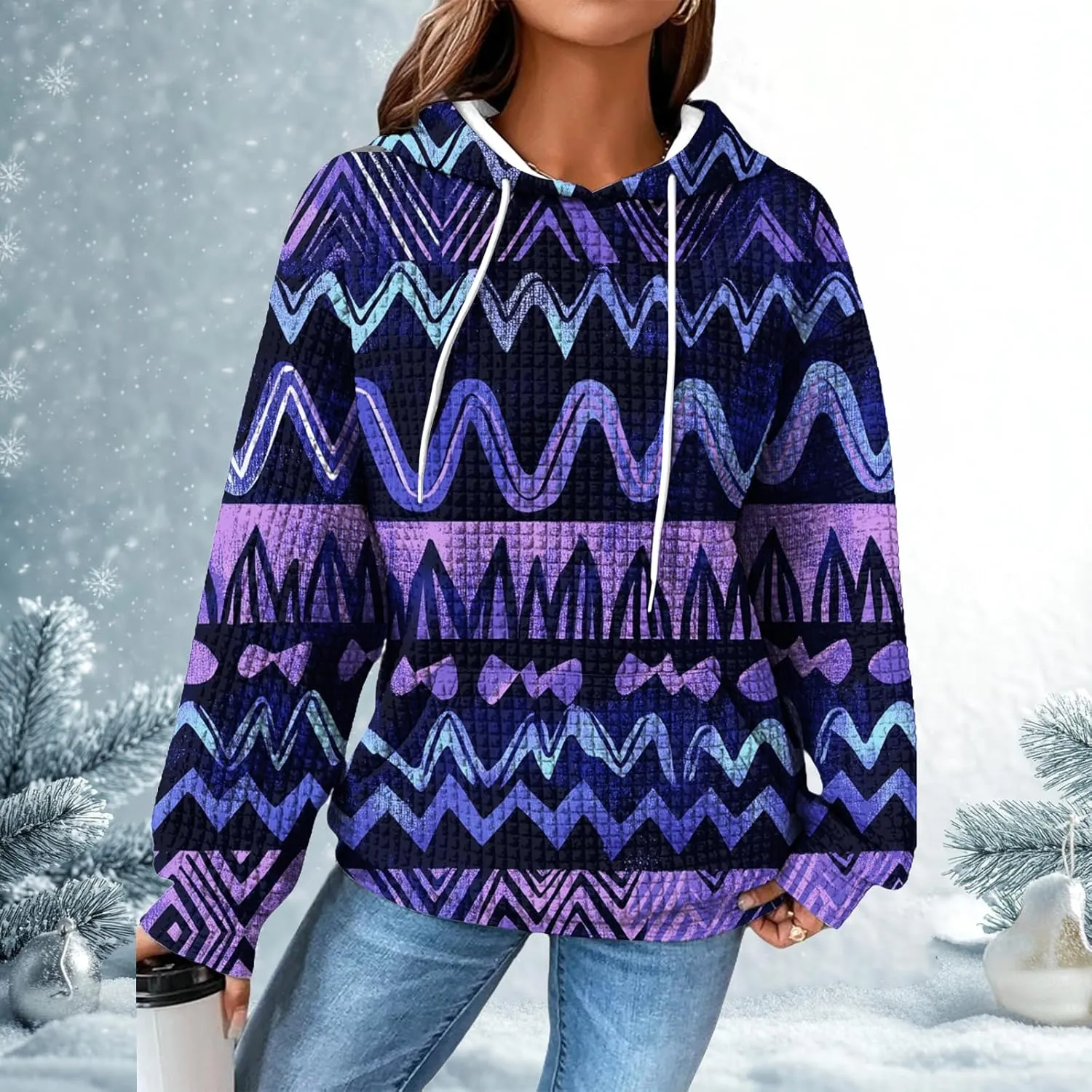 MARSVOVO Fall Womens Hoodies Pullover Oversized Drawstring Waffle Hooded Sweatshirt Casual Soft Ethnic Graphic Hoodie