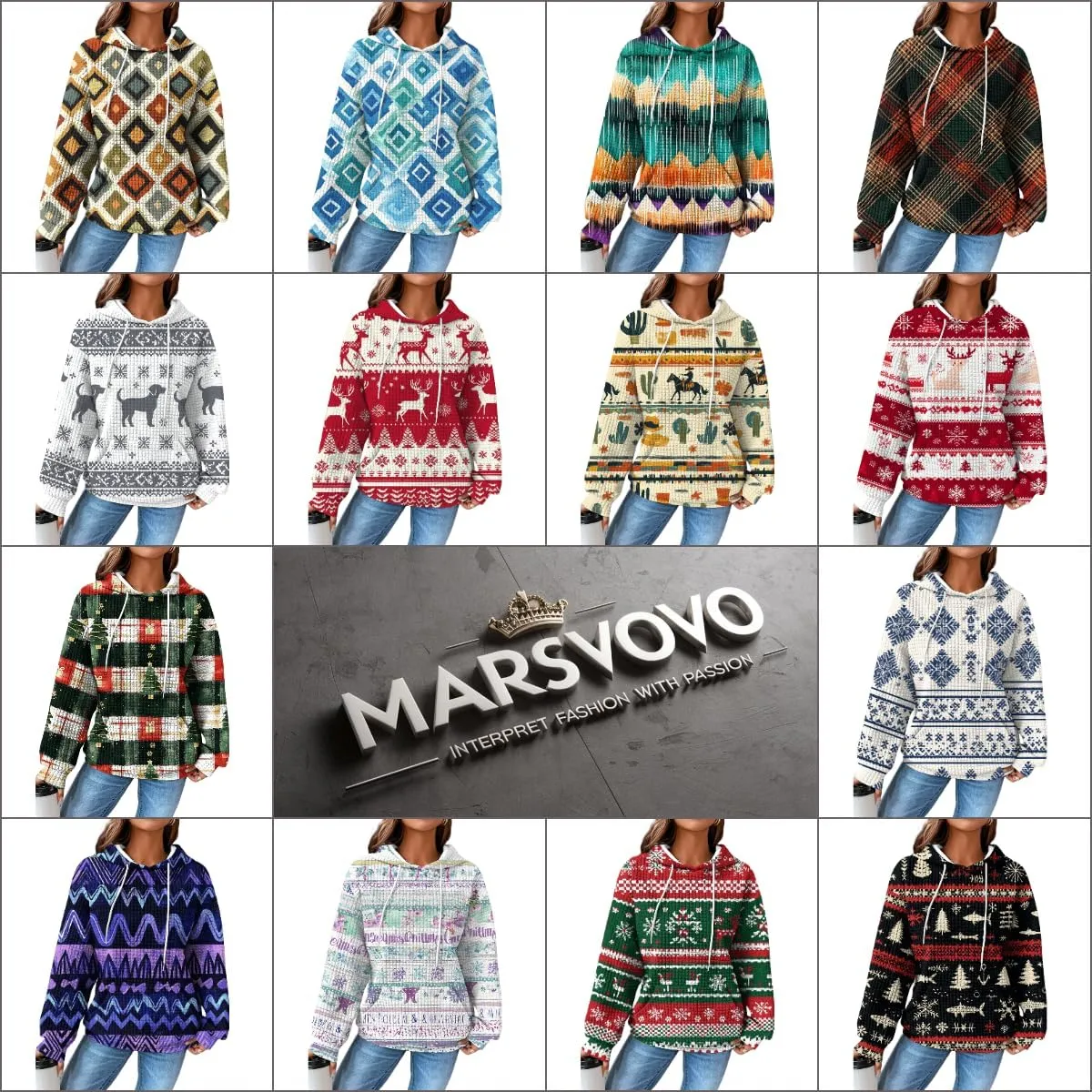 MARSVOVO Fall Womens Hoodies Pullover Oversized Drawstring Waffle Hooded Sweatshirt Casual Soft Ethnic Graphic Hoodie