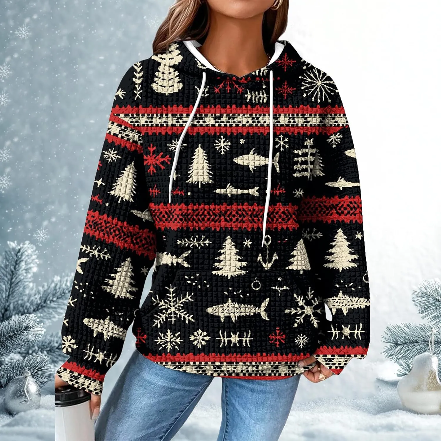 MARSVOVO Fall Womens Hoodies Pullover Oversized Drawstring Waffle Hooded Sweatshirt Casual Soft Ethnic Graphic Hoodie