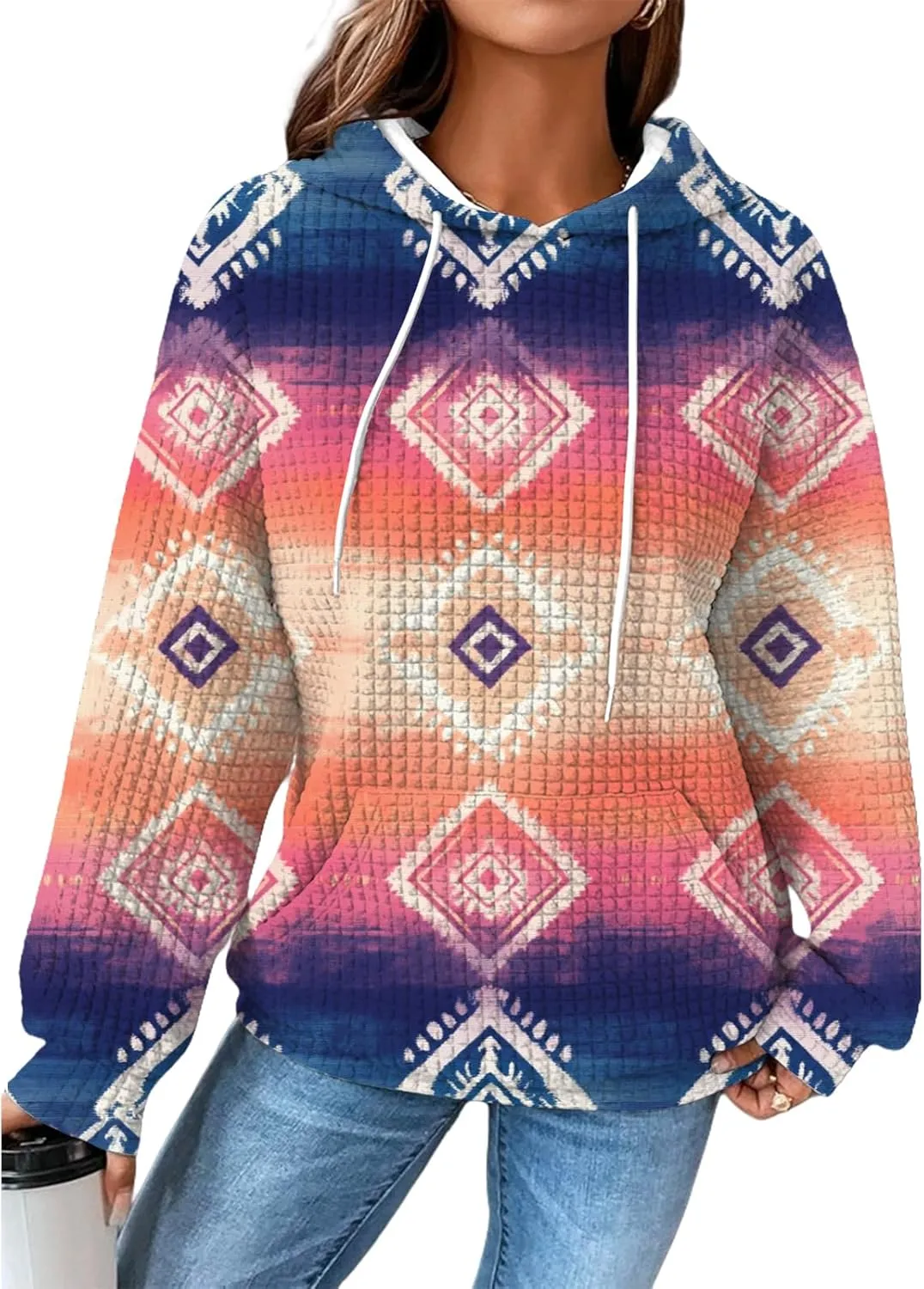 MARSVOVO Fall Womens Hoodies Pullover Oversized Drawstring Waffle Hooded Sweatshirt Casual Soft Ethnic Graphic Hoodie