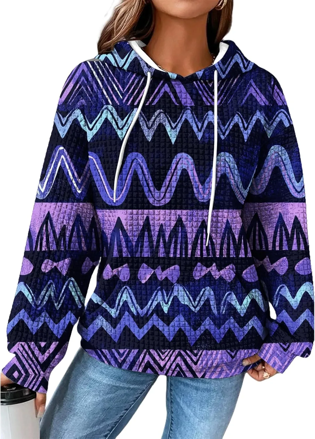 MARSVOVO Fall Womens Hoodies Pullover Oversized Drawstring Waffle Hooded Sweatshirt Casual Soft Ethnic Graphic Hoodie