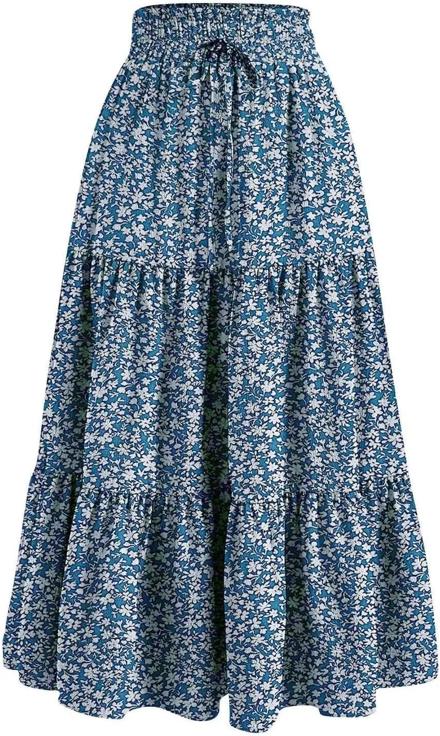 Maxi Skirt for Women Boho Long Beach Skirts Summer Spring Floral High Waisted Elastic Tiered Swing Skirt