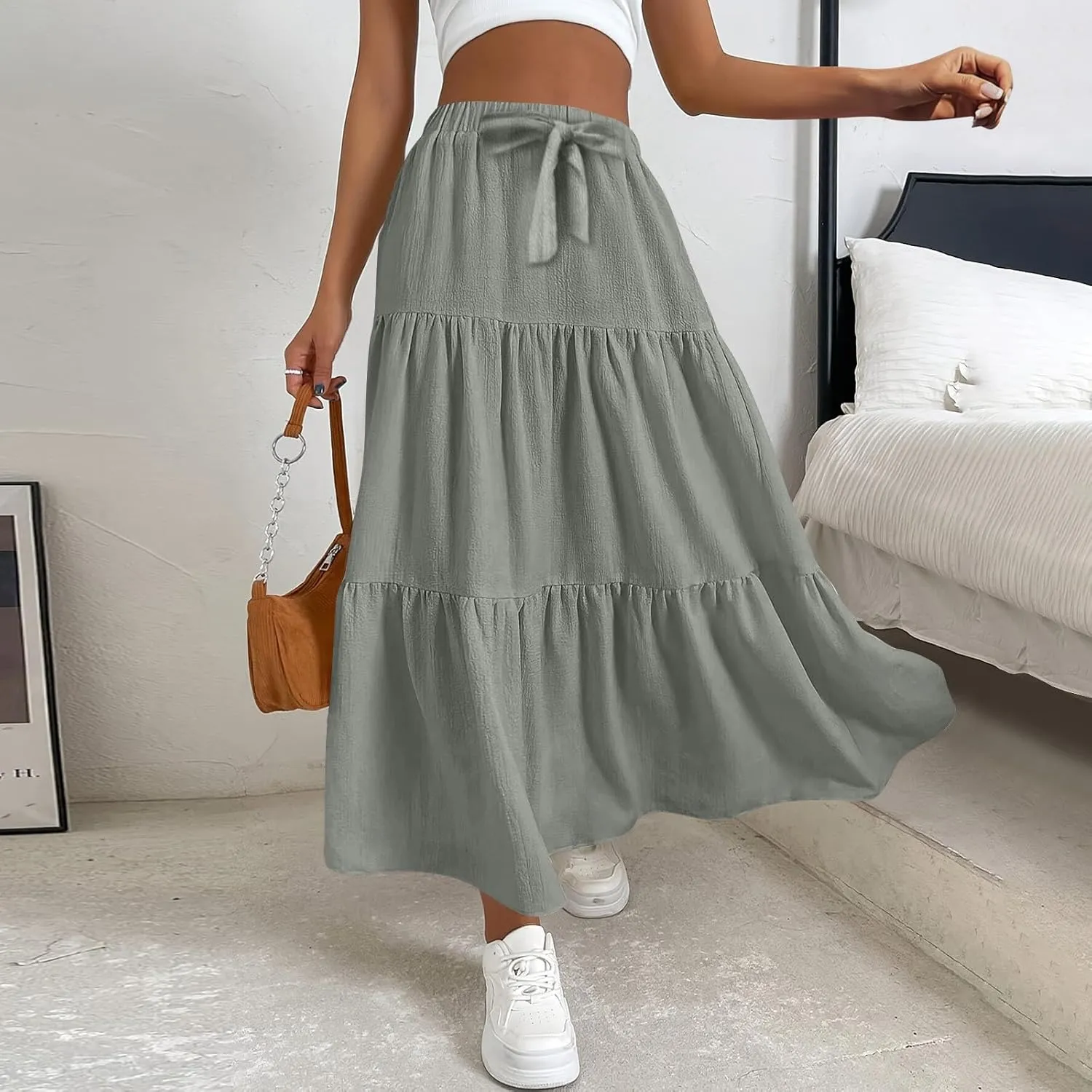 Maxi Skirts for Women Trendy High Waisted Flowy Tiered Linen Skirt Casual Pleated A-Line Beach Long Skirts with Tie