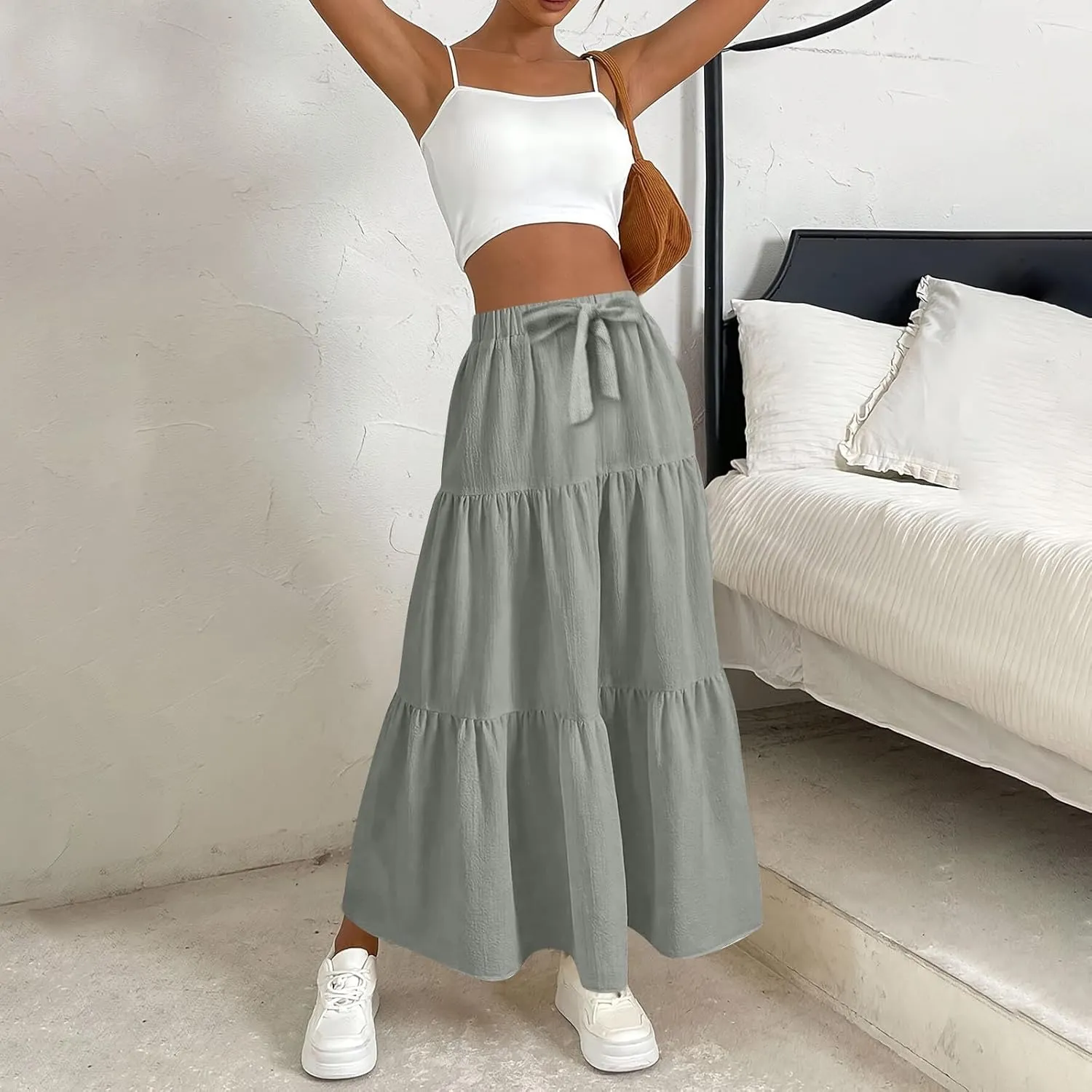 Maxi Skirts for Women Trendy High Waisted Flowy Tiered Linen Skirt Casual Pleated A-Line Beach Long Skirts with Tie