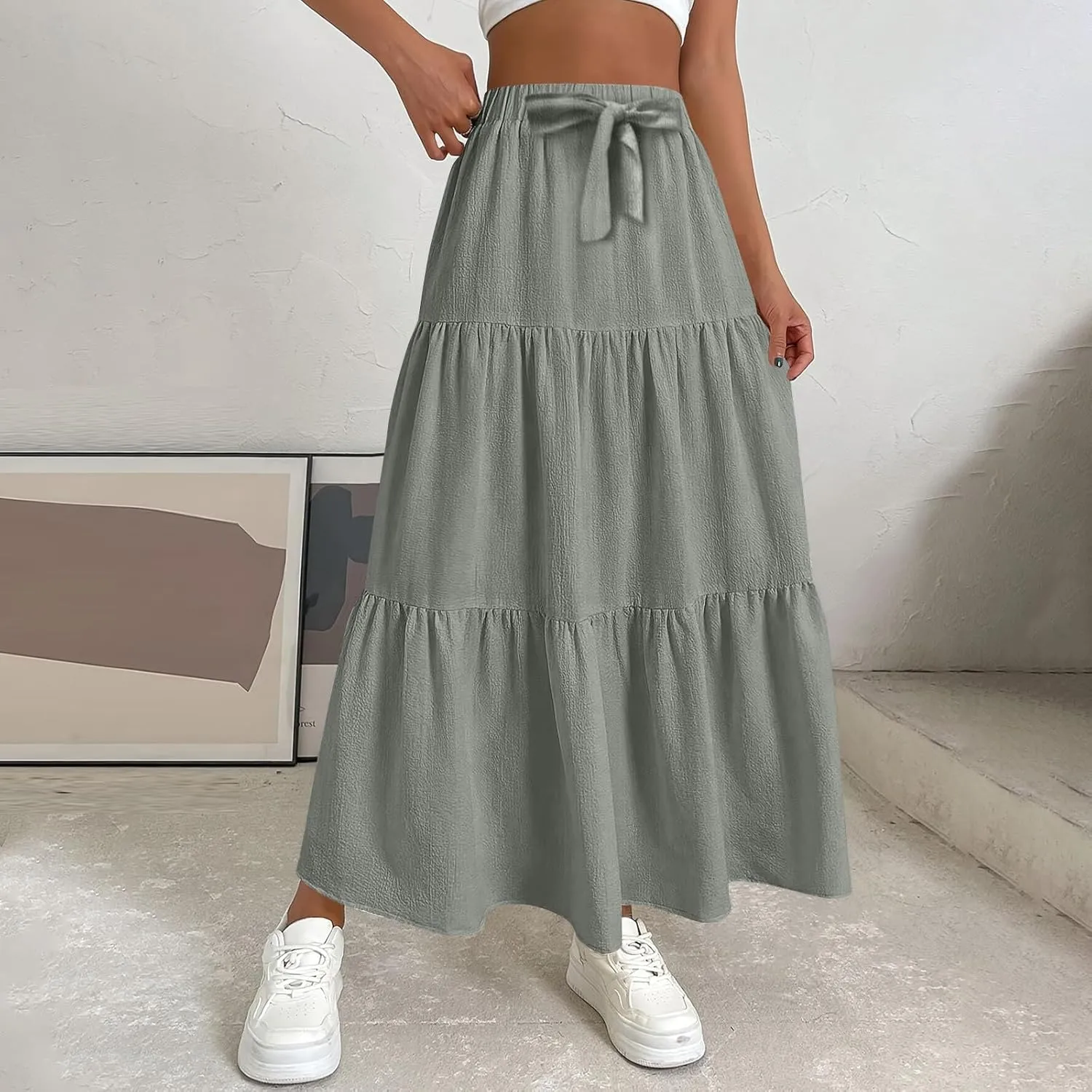 Maxi Skirts for Women Trendy High Waisted Flowy Tiered Linen Skirt Casual Pleated A-Line Beach Long Skirts with Tie