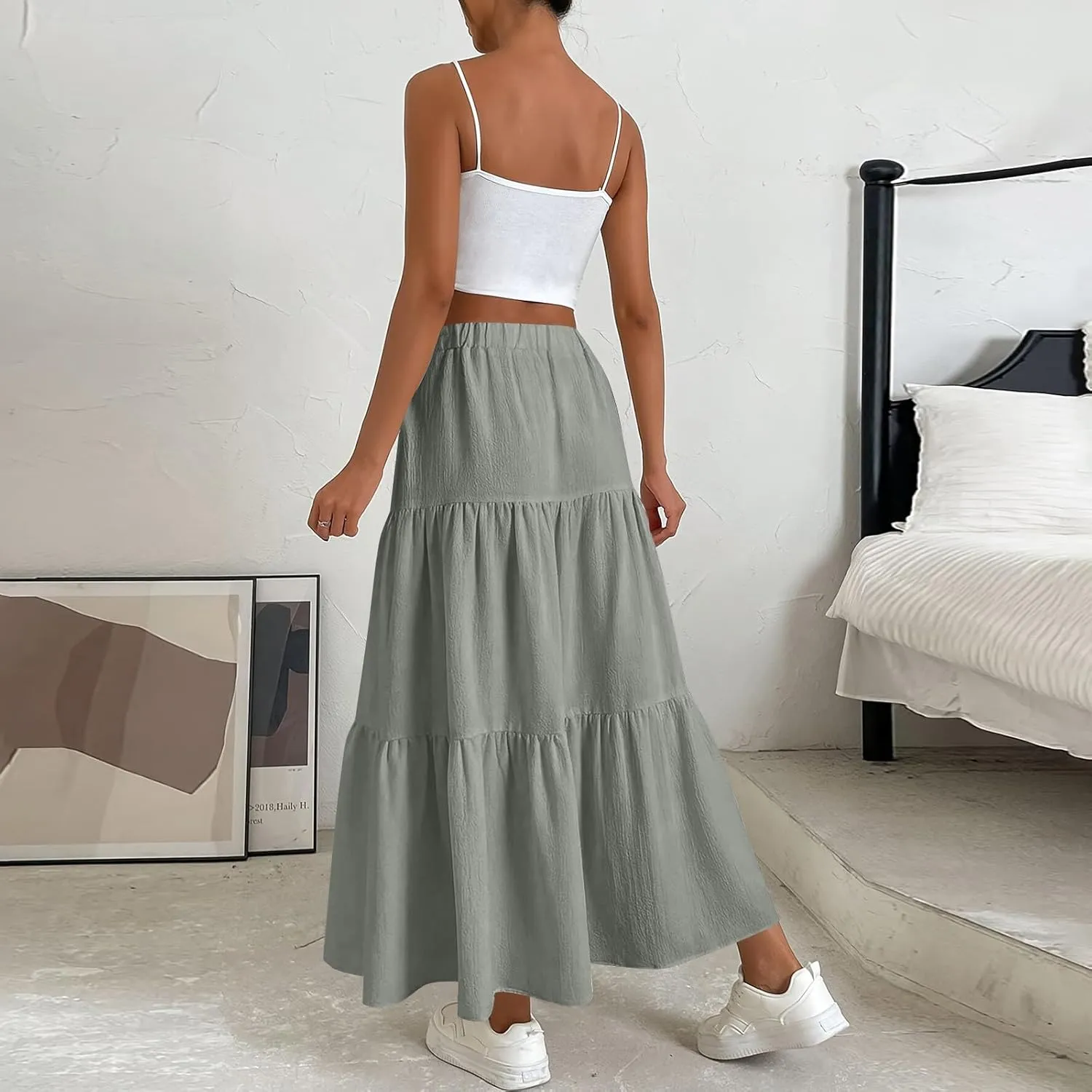Maxi Skirts for Women Trendy High Waisted Flowy Tiered Linen Skirt Casual Pleated A-Line Beach Long Skirts with Tie