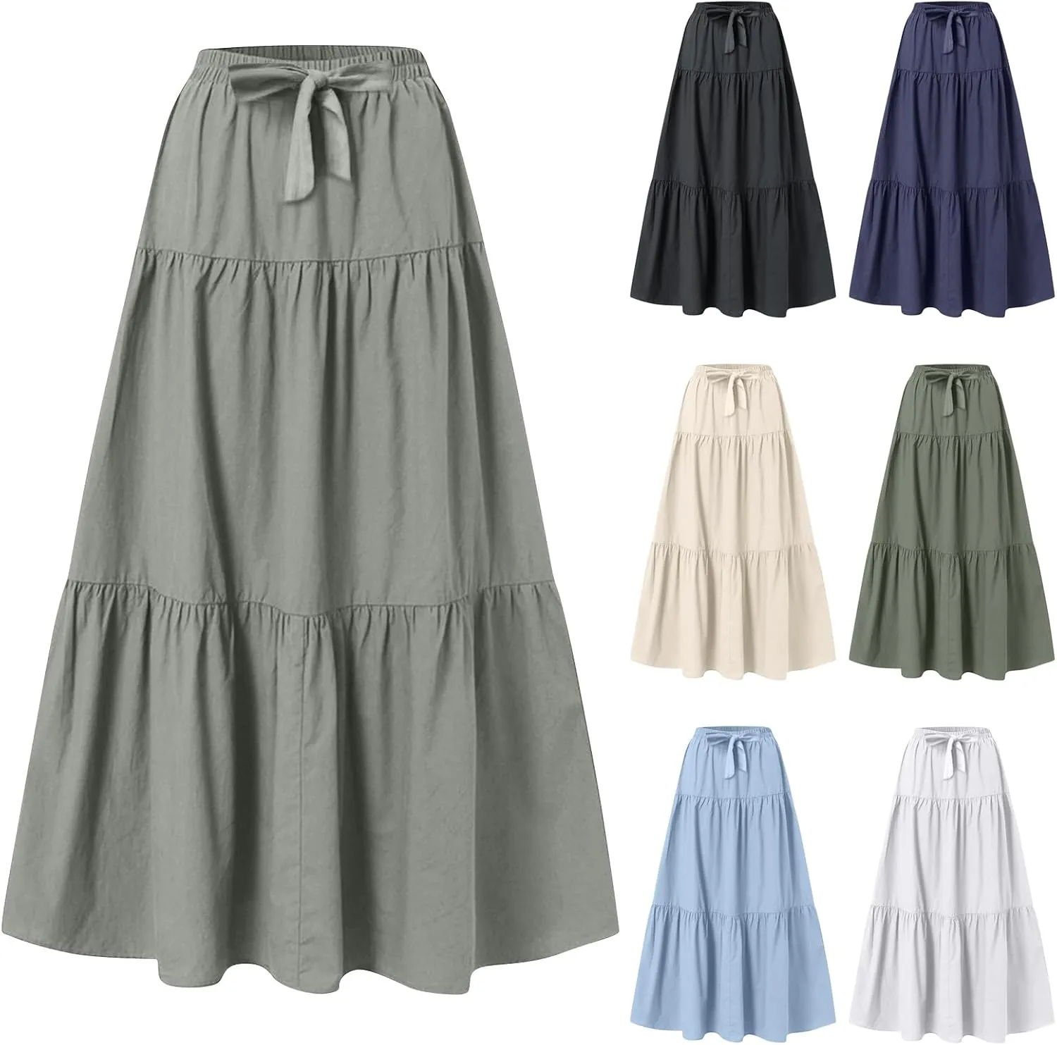 Maxi Skirts for Women Trendy High Waisted Flowy Tiered Linen Skirt Casual Pleated A-Line Beach Long Skirts with Tie