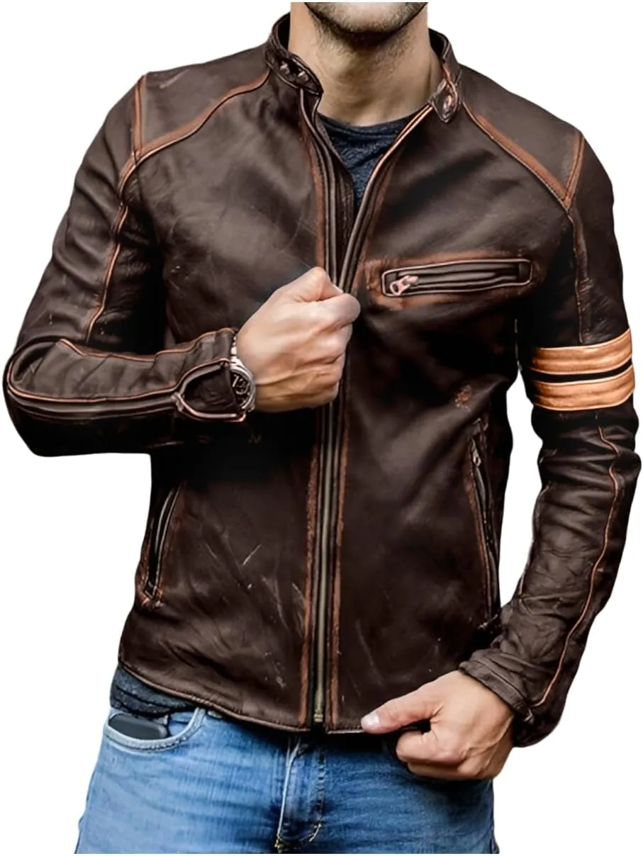 Men Leather Jacket - Mens Cafe Racer Motorcycle Jacket - Distressed Lambskin Biker Leather Jackets for Men