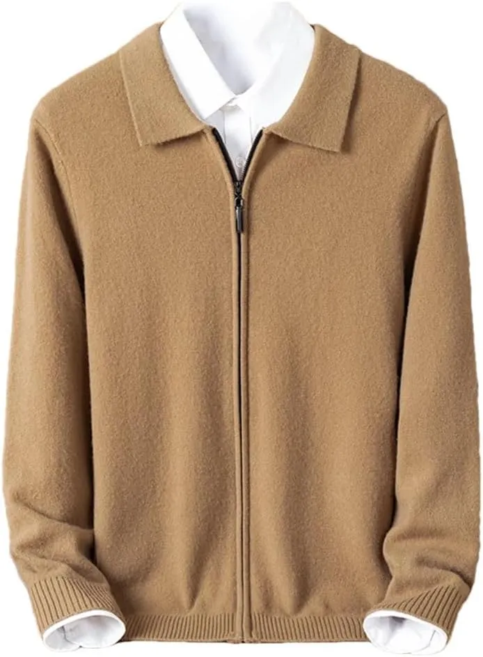Mens 100% Wool Knit Cardigan Full Zip Turn-Down Collar Cashmere Coat Winter Casual Soft Warm Tops