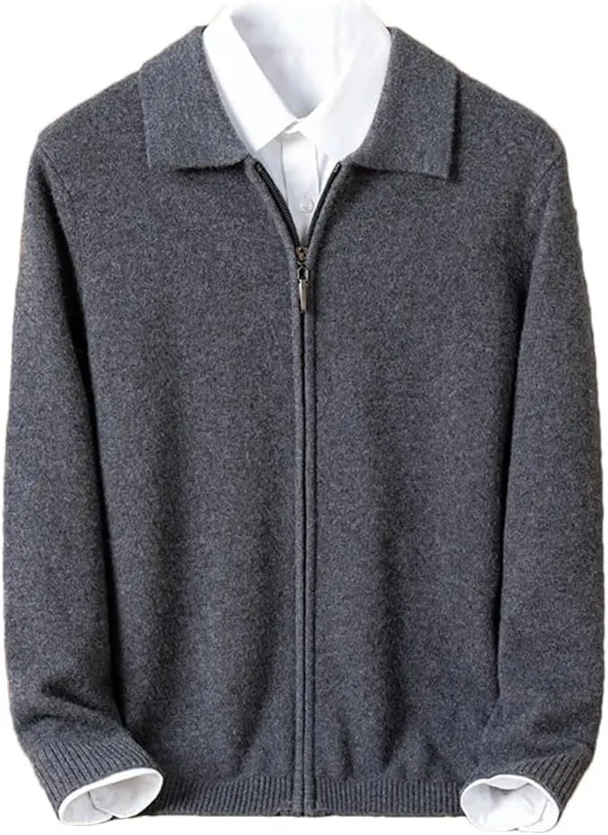 Mens 100% Wool Knit Cardigan Full Zip Turn-Down Collar Cashmere Coat Winter Casual Soft Warm Tops