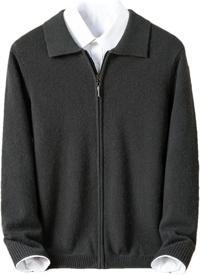 Mens 100% Wool Knit Cardigan Full Zip Turn-Down Collar Cashmere Coat Winter Casual Soft Warm Tops