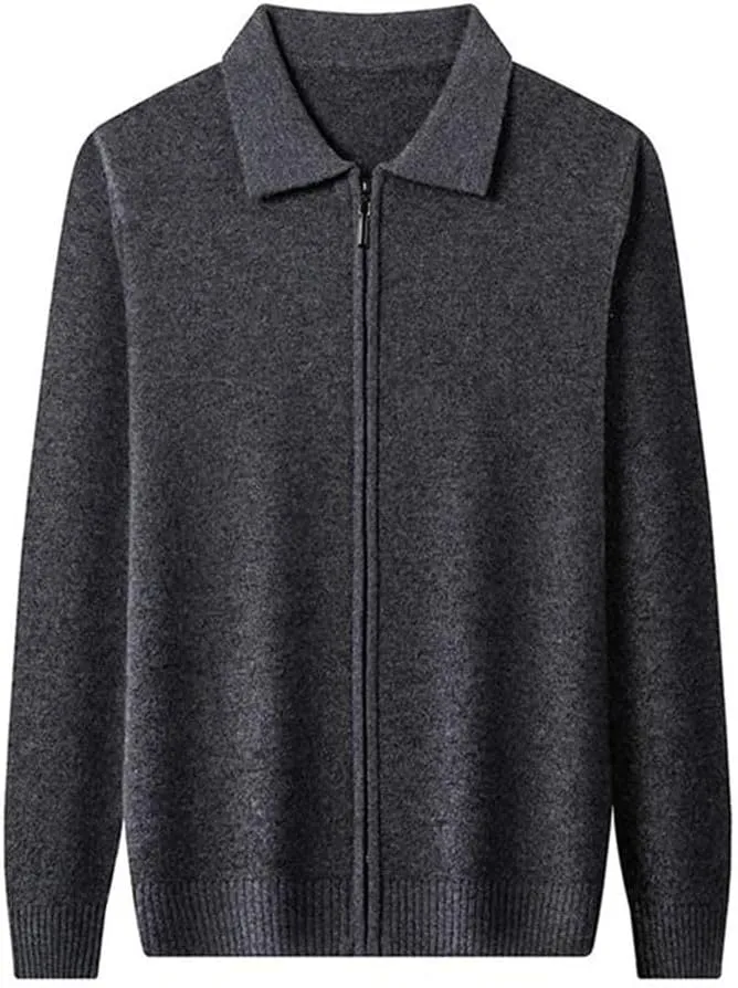Mens 100% Wool Knit Cardigan Full Zip Turn-Down Collar Cashmere Coat Winter Casual Soft Warm Tops