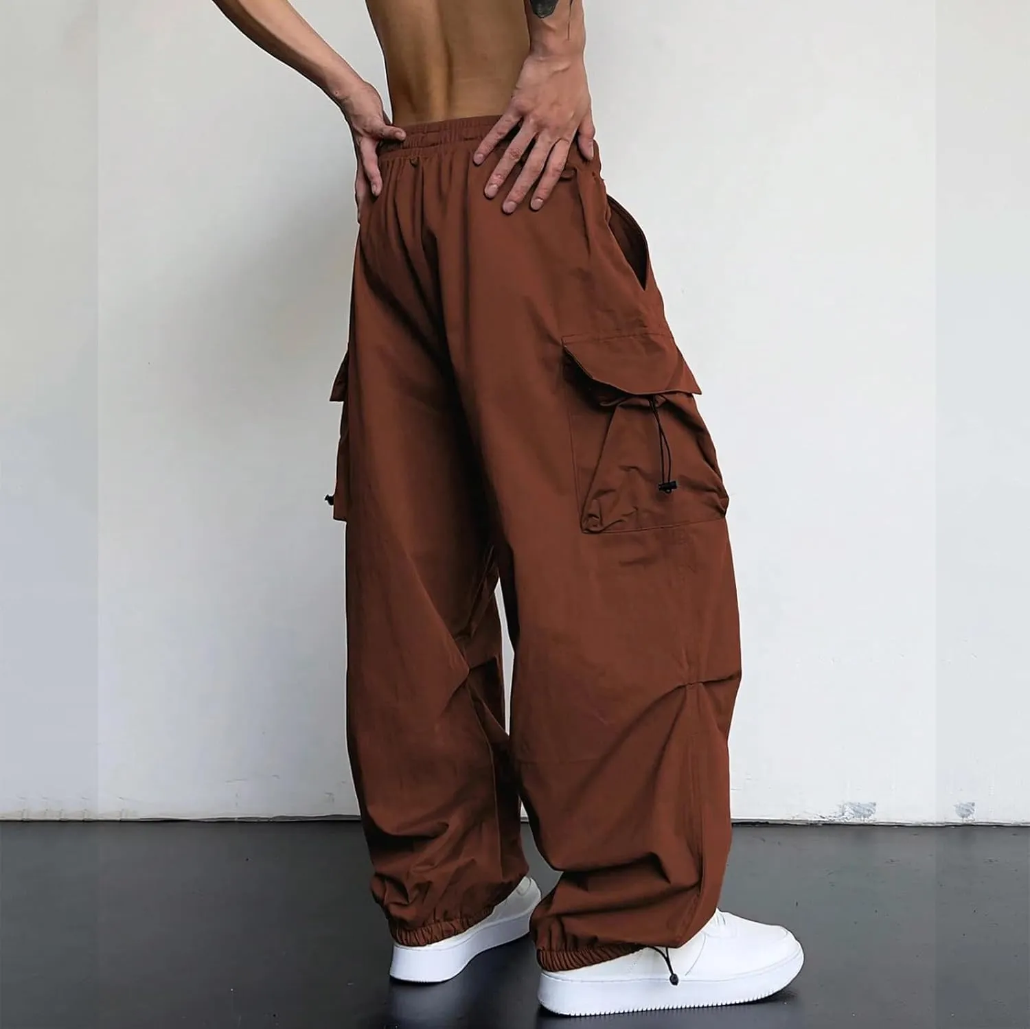 Mens Baggy Cargo Pants, Trendy Casual Sports Parachute Pant, Loose Fit Harem Joggers with Pockets for Streetwear