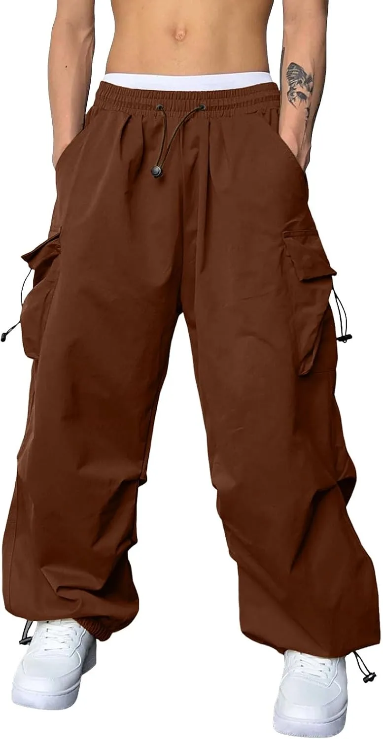 Mens Baggy Cargo Pants, Trendy Casual Sports Parachute Pant, Loose Fit Harem Joggers with Pockets for Streetwear