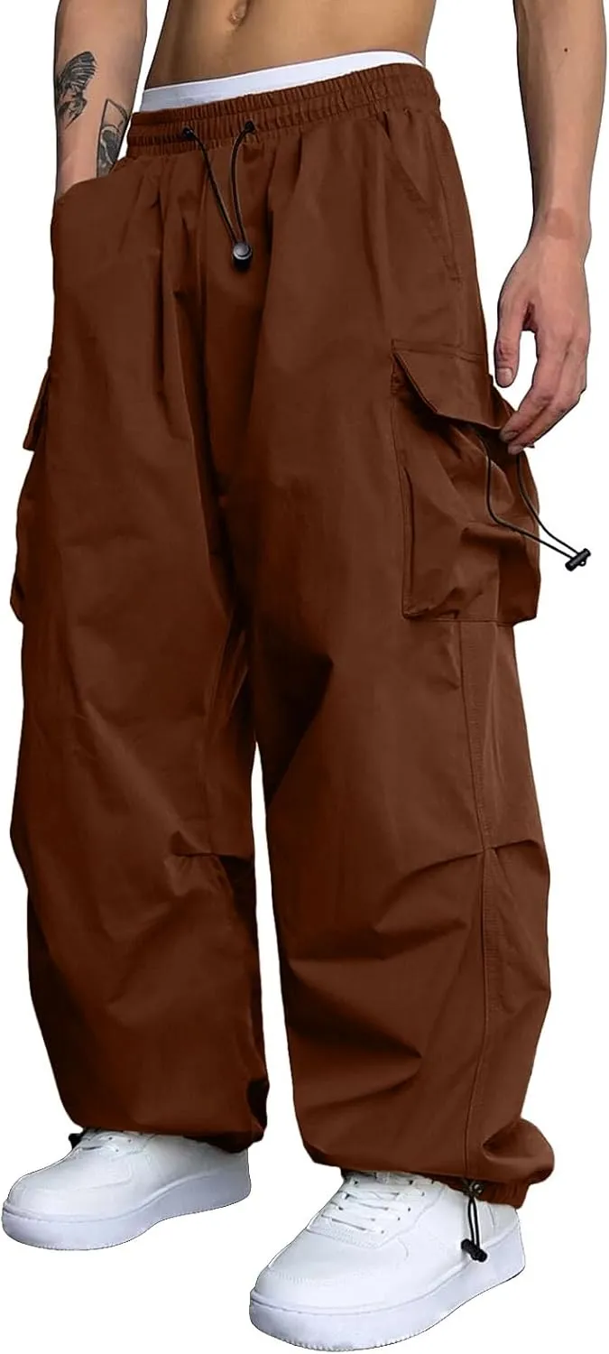 Mens Baggy Cargo Pants, Trendy Casual Sports Parachute Pant, Loose Fit Harem Joggers with Pockets for Streetwear