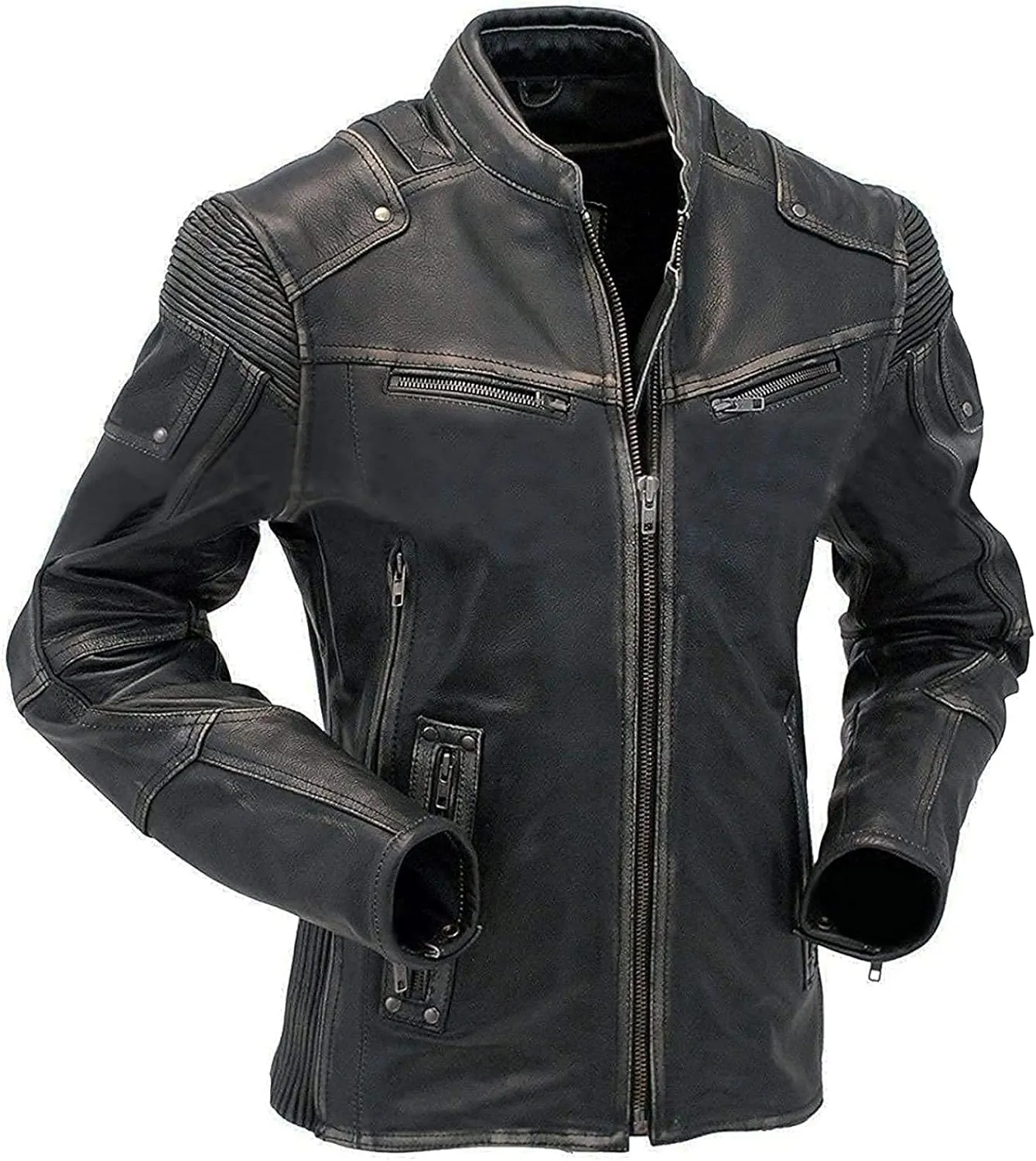 Mens Black Lambskin Jacket - Distressed Cafe Racer Leather Motorcycle Jacket Men