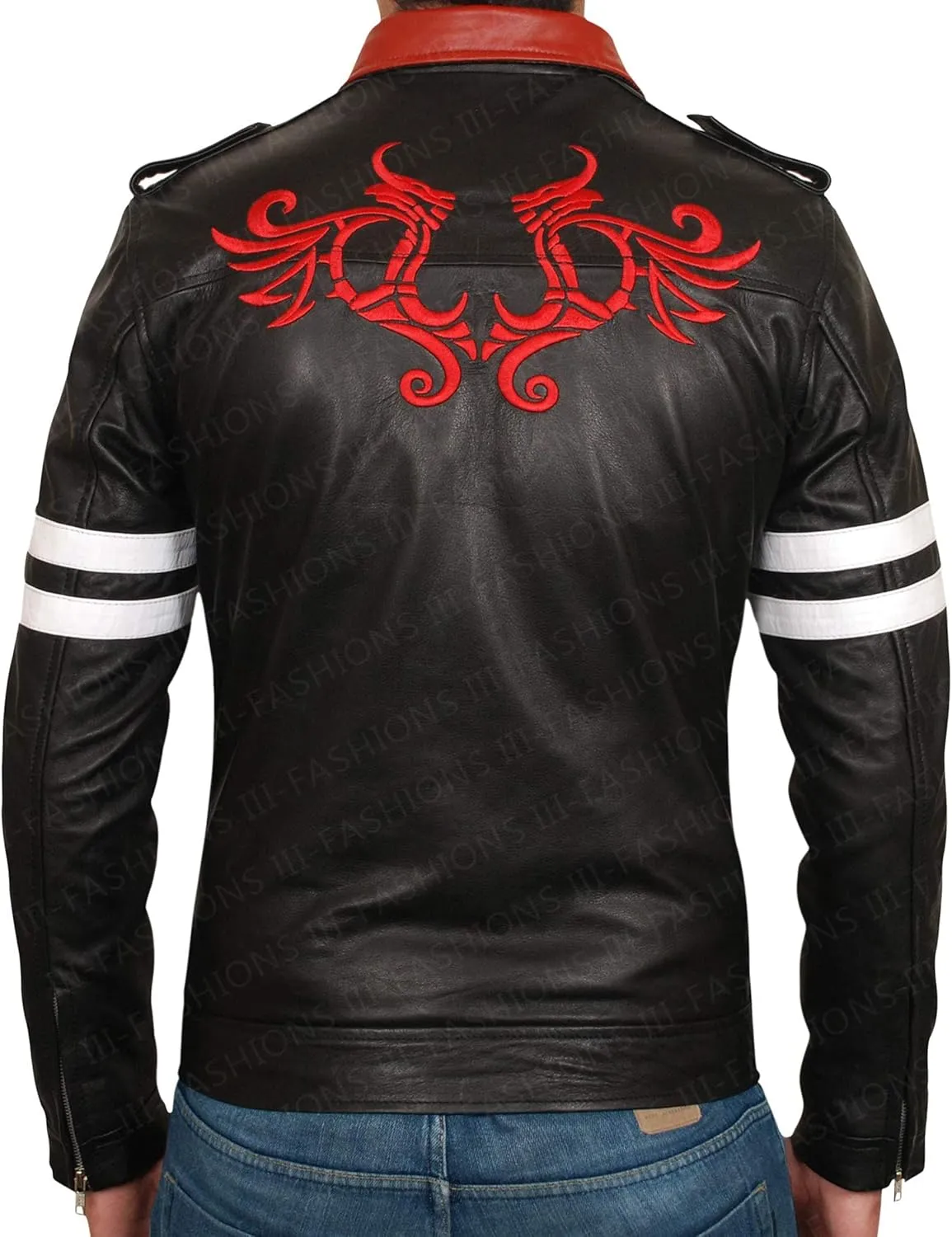 Men's Black Leather Biker Jacket with Embroidered Design  Halloween Costume Cosplay Outfit