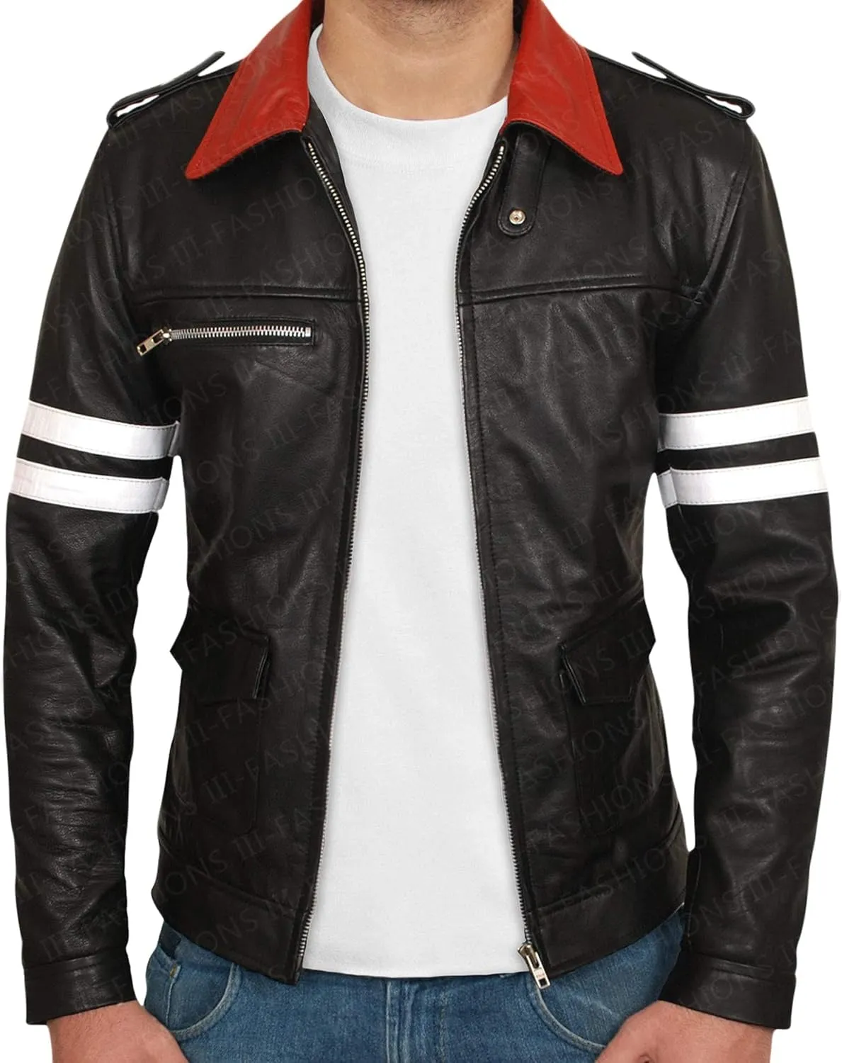 Men's Black Leather Biker Jacket with Embroidered Design  Halloween Costume Cosplay Outfit