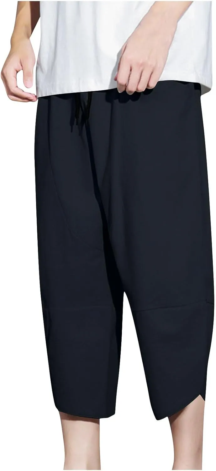 Mens Capri Pants with Pockets Harem Loose Fit Elastic Waist Wide Leg Pants Lightweight Yoga Beach Cropped for Summer