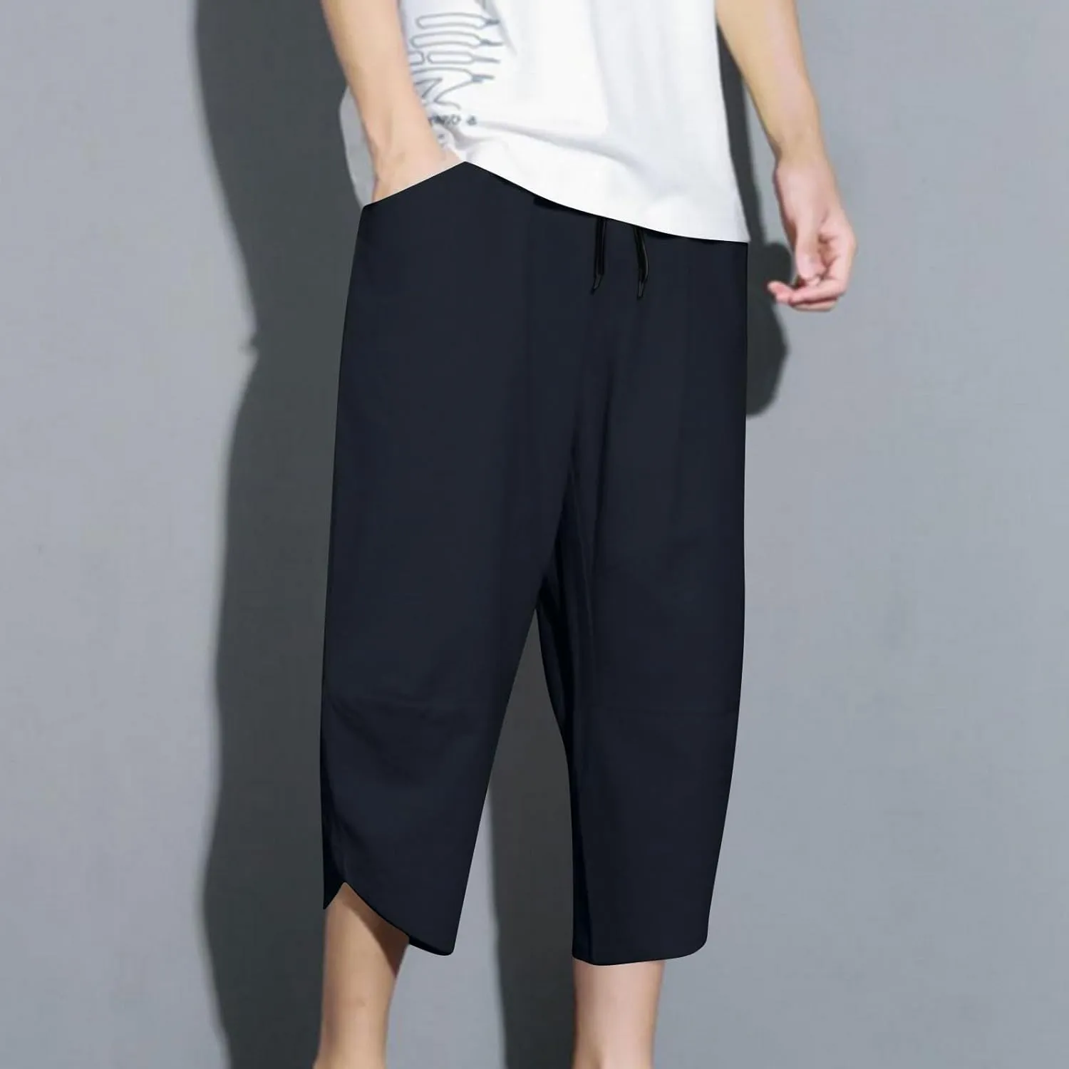 Mens Capri Pants with Pockets Harem Loose Fit Elastic Waist Wide Leg Pants Lightweight Yoga Beach Cropped for Summer