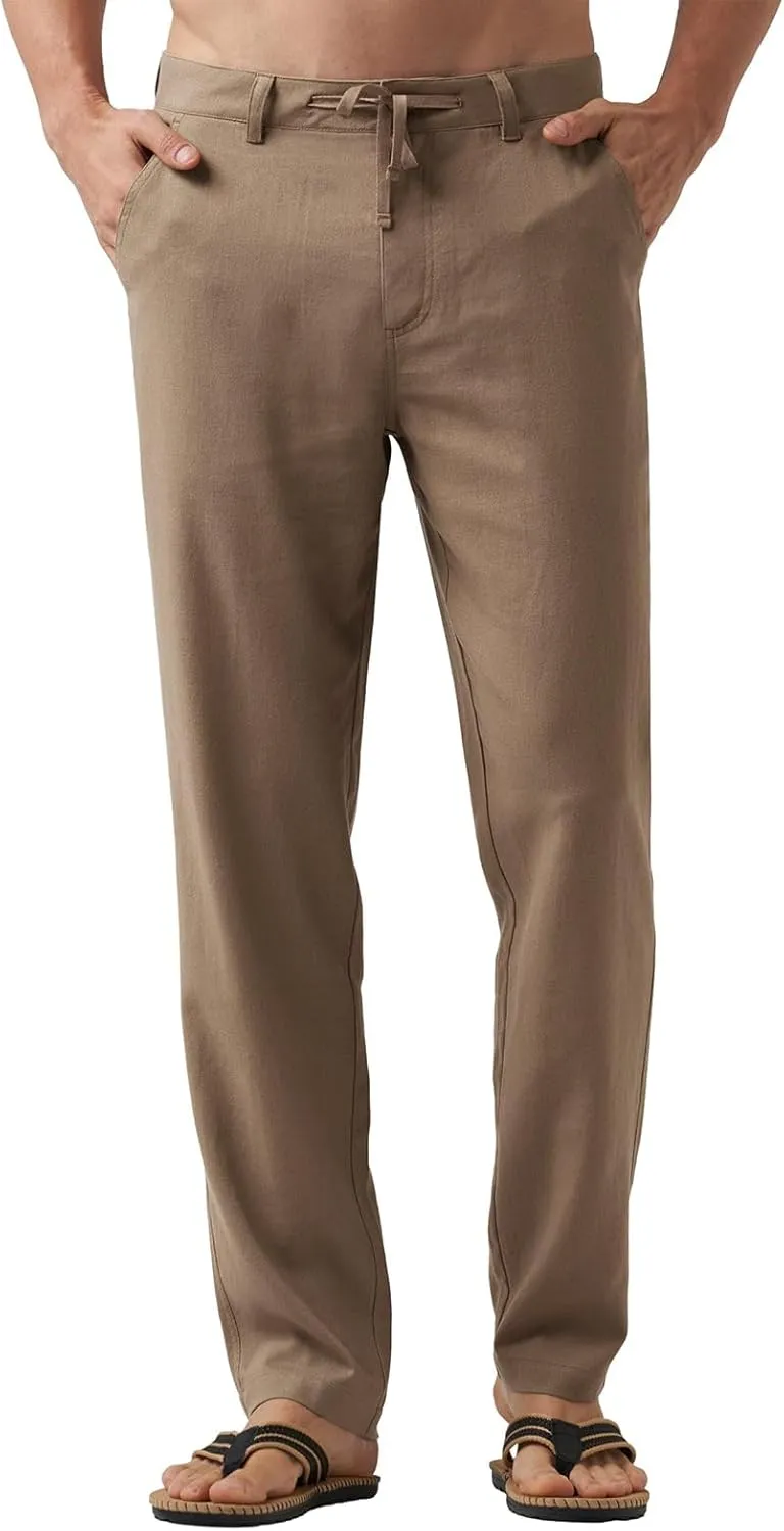 Men's Casual Linen Pants Summer Beach Yoga Pant Elastic Waist Drawstring Pants Lightweight Linen Loose Fit Trousers