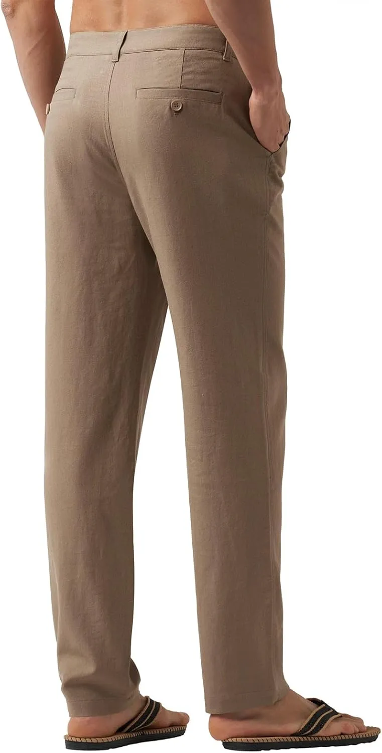 Men's Casual Linen Pants Summer Beach Yoga Pant Elastic Waist Drawstring Pants Lightweight Linen Loose Fit Trousers