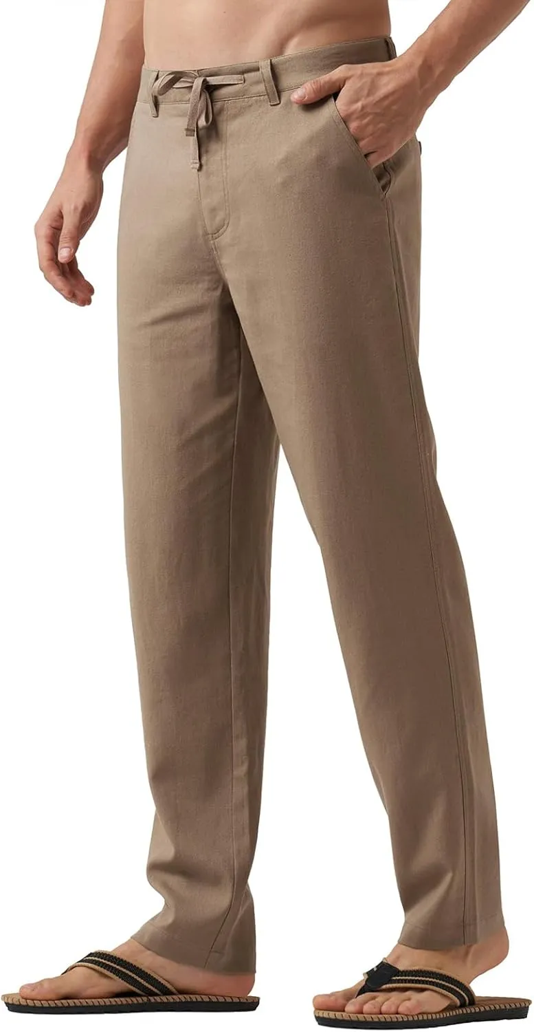 Men's Casual Linen Pants Summer Beach Yoga Pant Elastic Waist Drawstring Pants Lightweight Linen Loose Fit Trousers