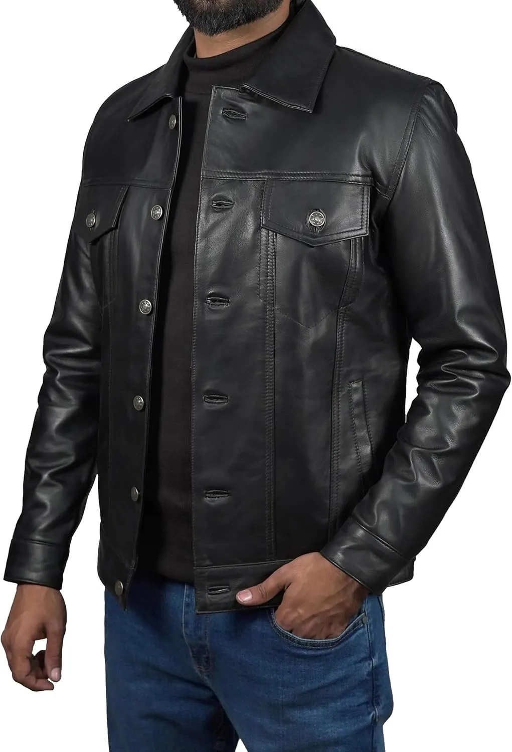 Mens Classic Vintage Shirt Style Real Lambskin Trucker Jacket - Leather Trucker Jackets for Men