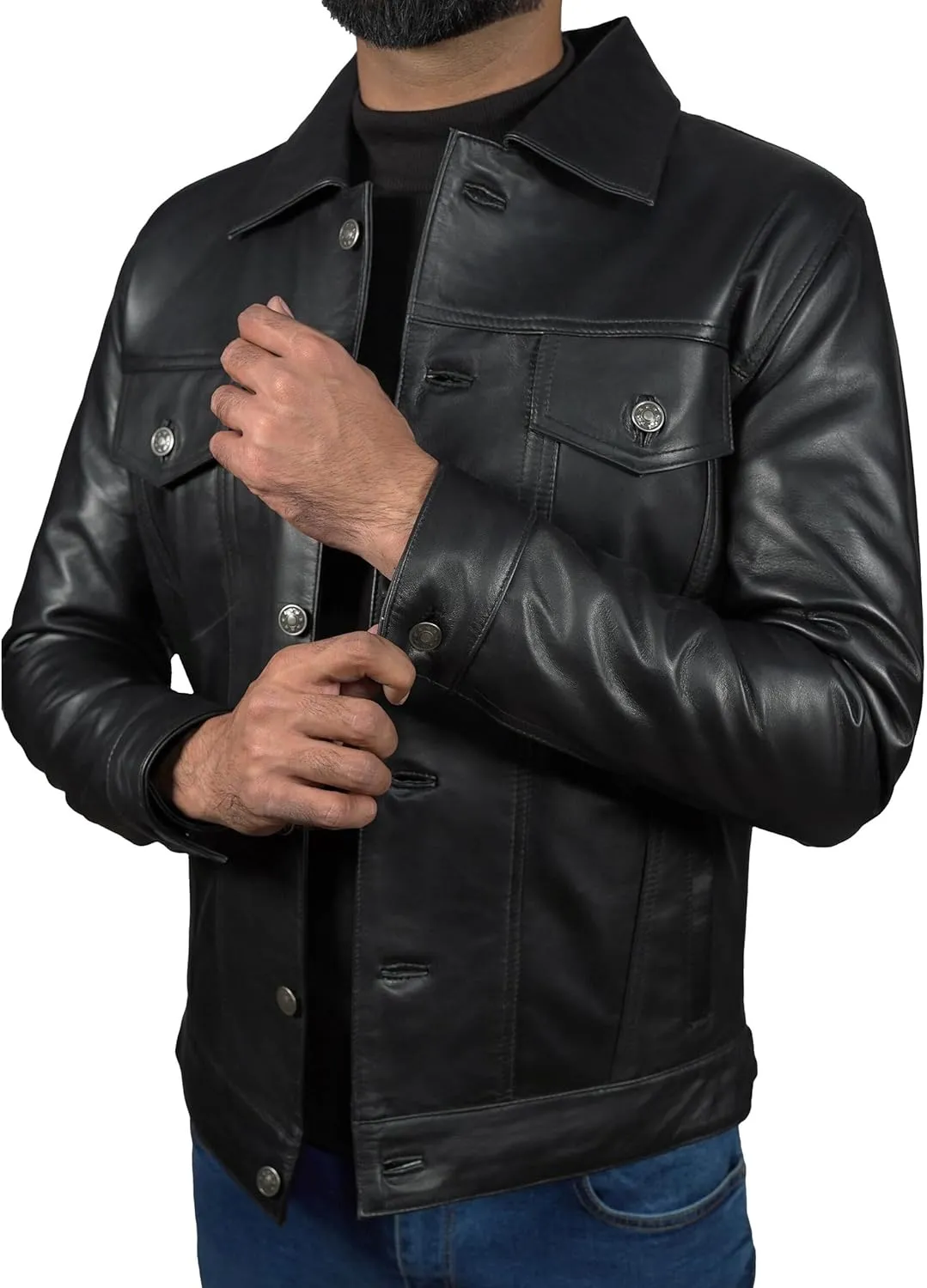 Mens Classic Vintage Shirt Style Real Lambskin Trucker Jacket - Leather Trucker Jackets for Men