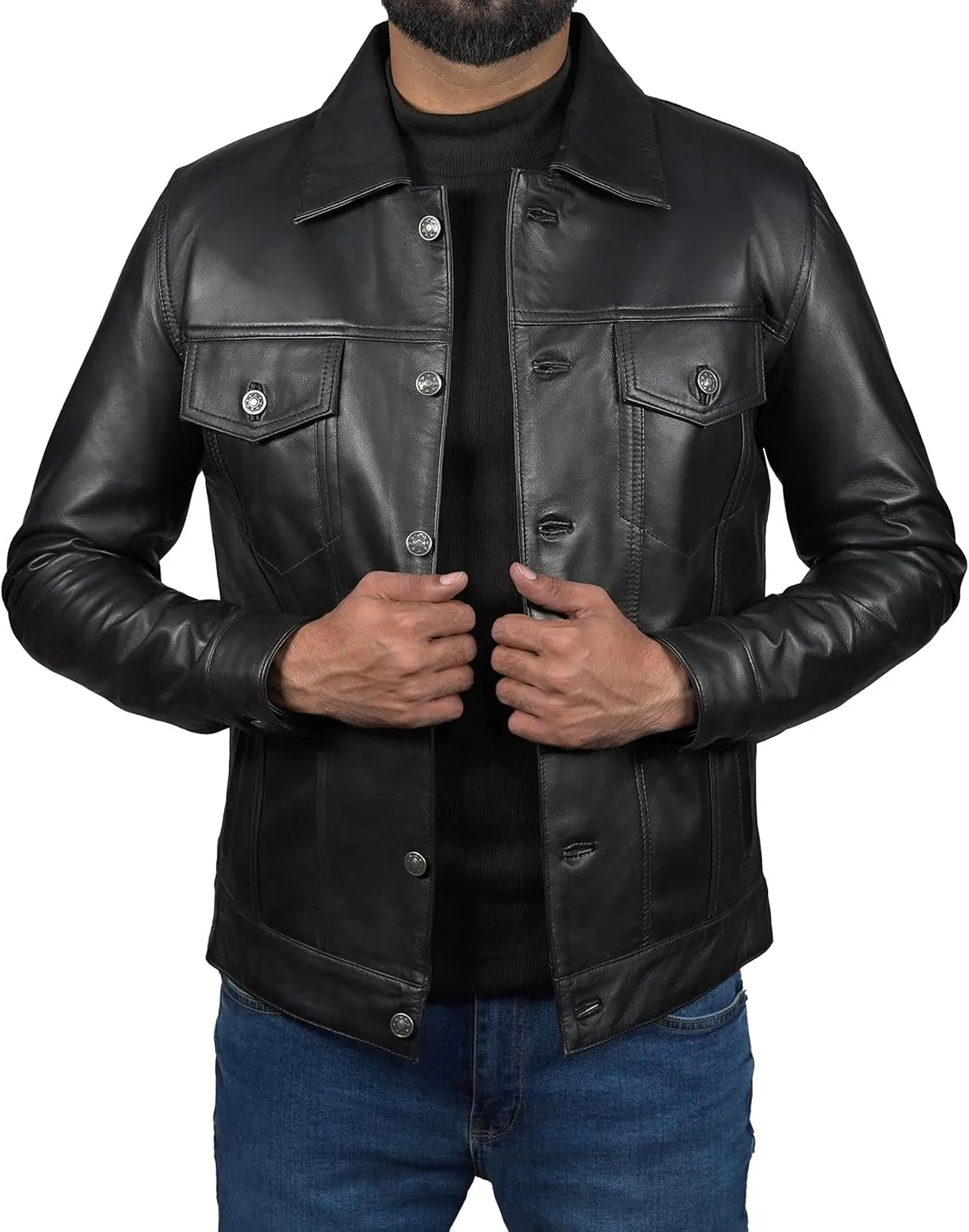 Mens Classic Vintage Shirt Style Real Lambskin Trucker Jacket - Leather Trucker Jackets for Men