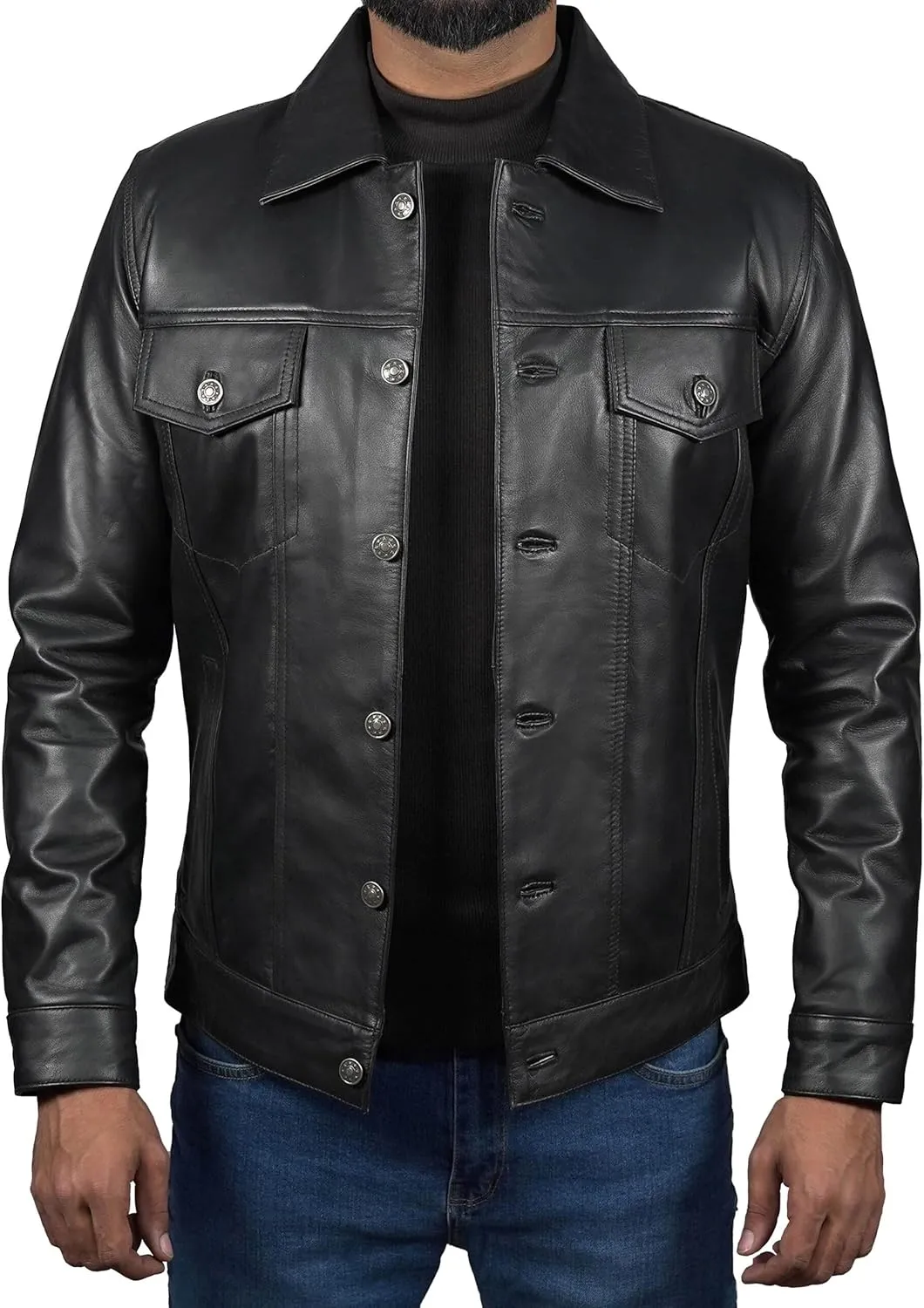 Mens Classic Vintage Shirt Style Real Lambskin Trucker Jacket - Leather Trucker Jackets for Men