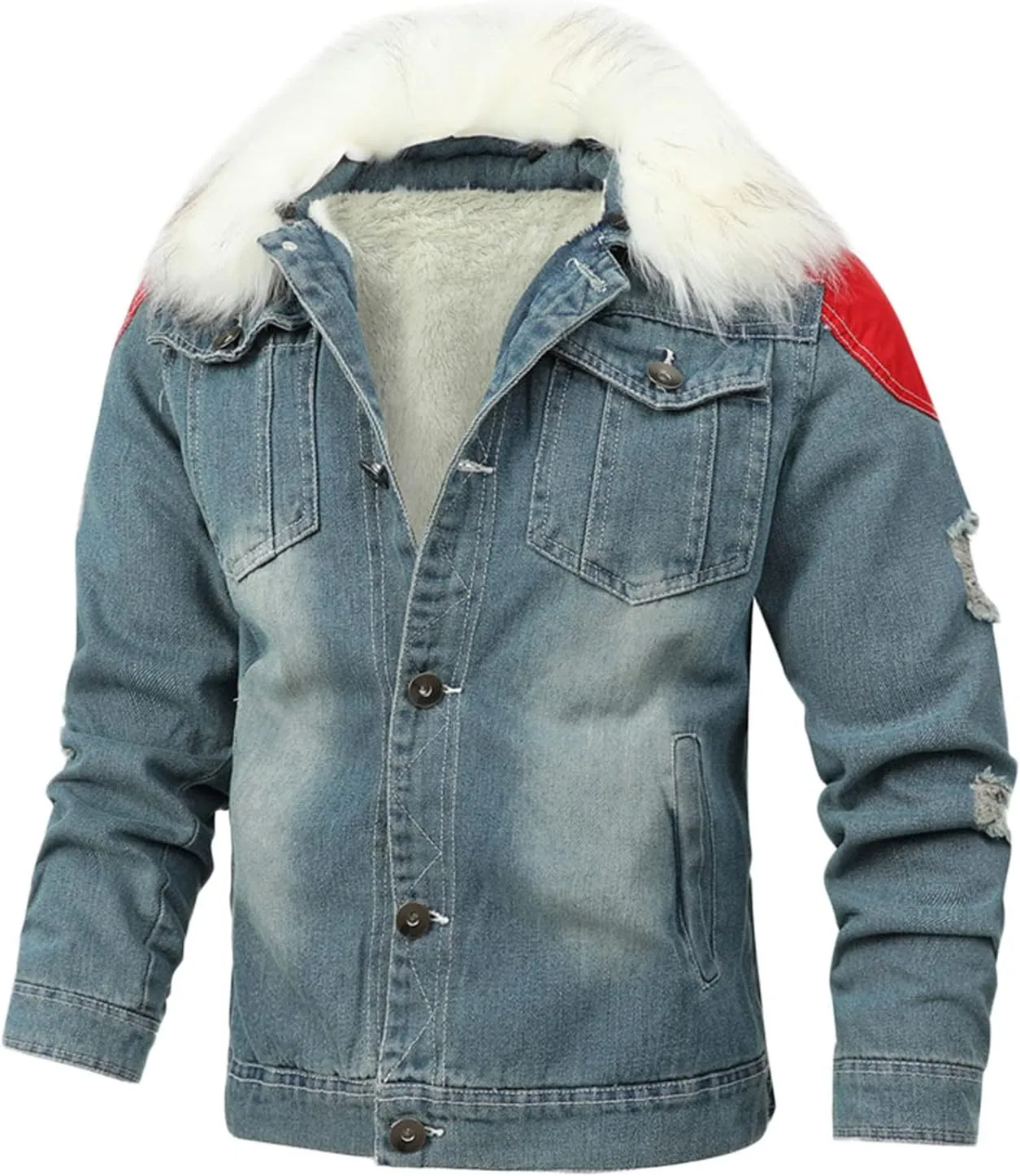 Mens Denim Jacket, Gutori Men Corduroy Sherpa Lined Winter Warm Coats Faux Fur Lapel Collar Western Jeans Outwear S-5XL