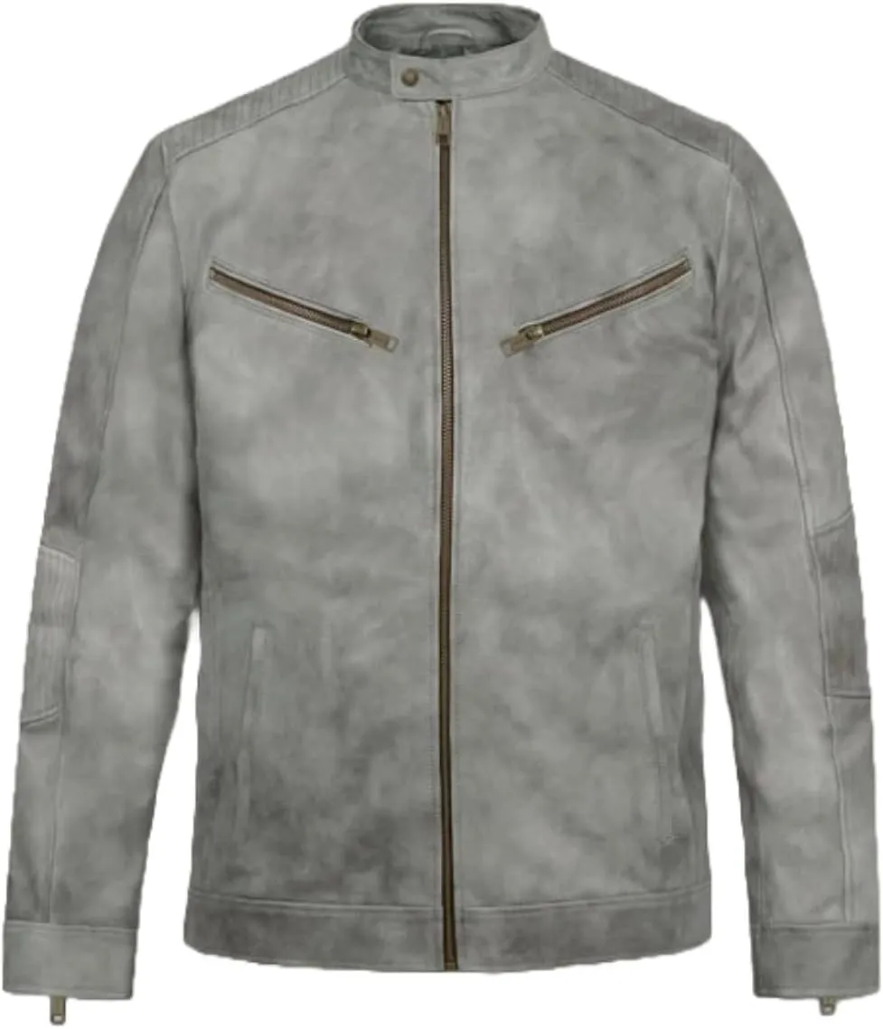 Mens Distressed Gray Leather Jacket  Slim Fit Vintage Biker Style, Vintage Cafe Racer Motorcycle Leather Jackets