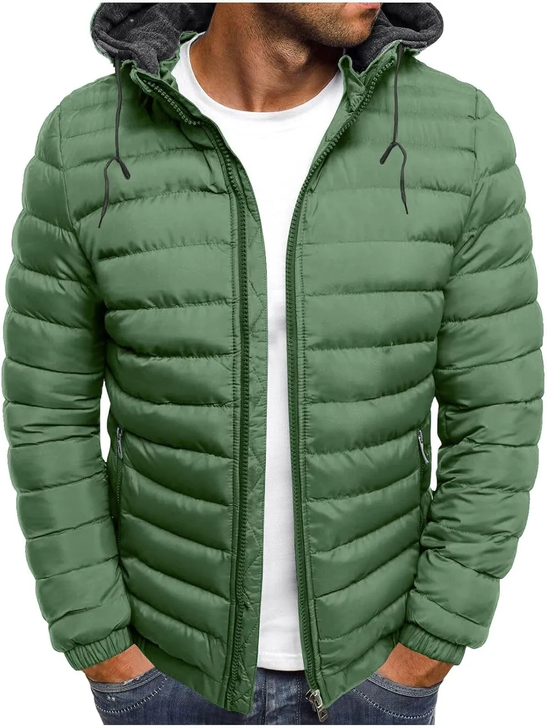 Mens Puffer Jacket Winter Warm Hooded Quilted Down Jacket Outerwear Lightweight Zip Up Insulated Padded Coat