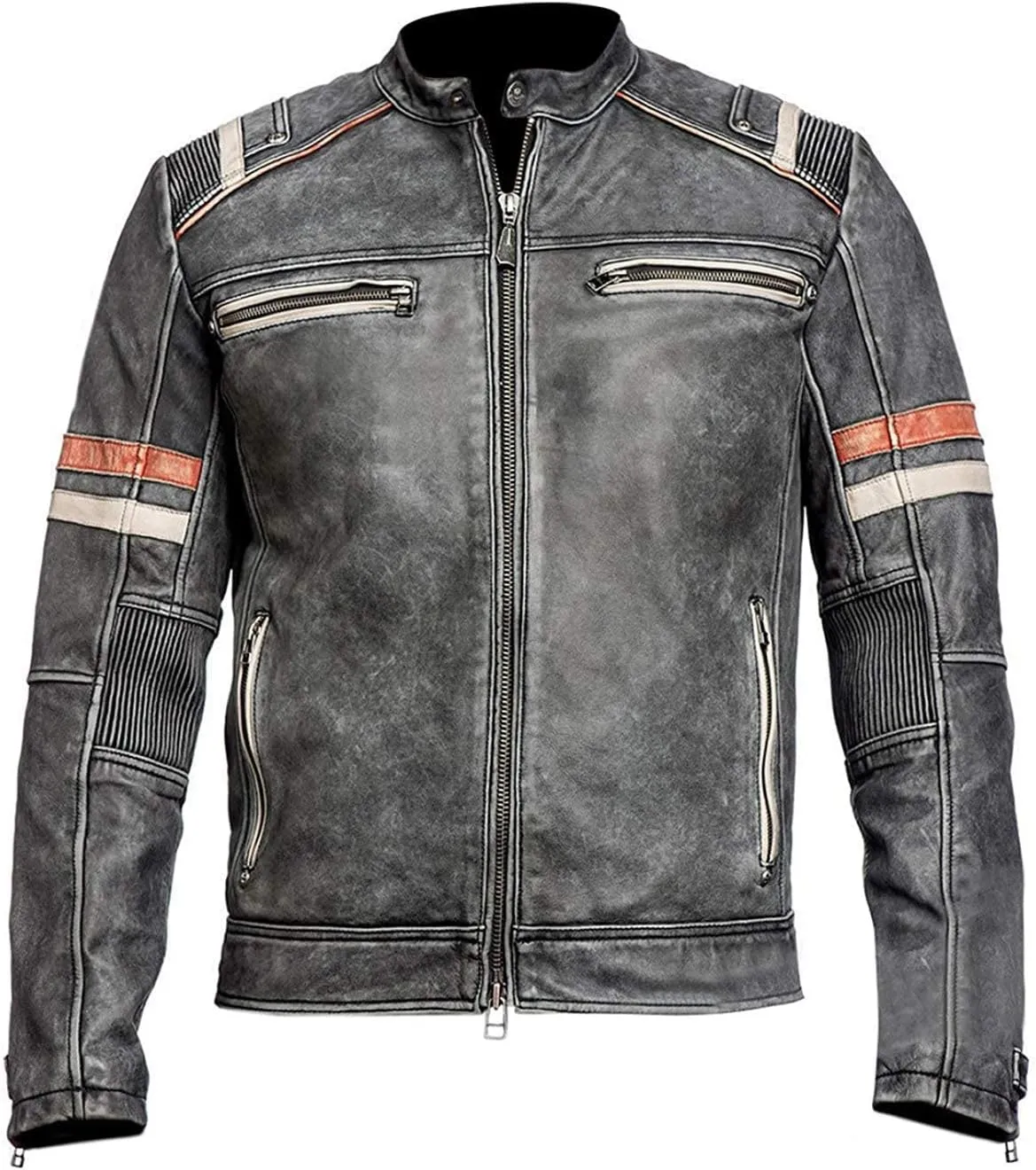 Men's Retro Biker Vintage Cafe Racer Motorcycle Distressed Black Leather Jacket