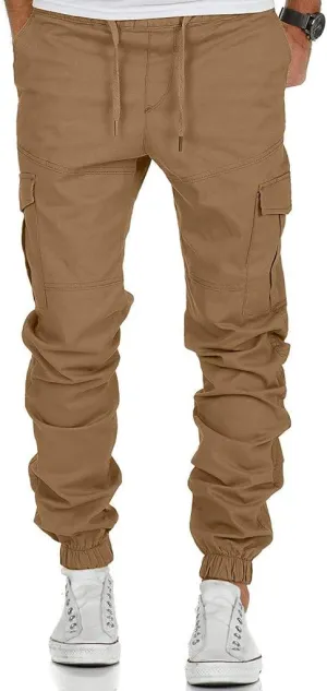 Mens Slim Fit Tapered Pants Flap Pocket Drawstring Elastic Waist Ripstop Cargo Joggers Stretch Chino Casul Work Trousers Khaki