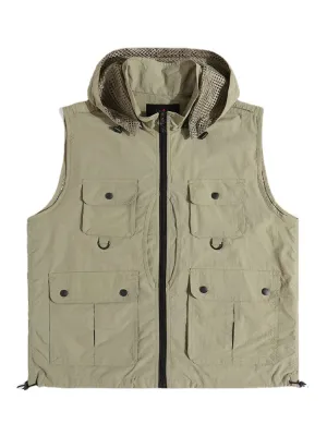 Men's Solid Adjustable String Front Zipper Mesh Lined Multi-Pocket Cool Waistcoat