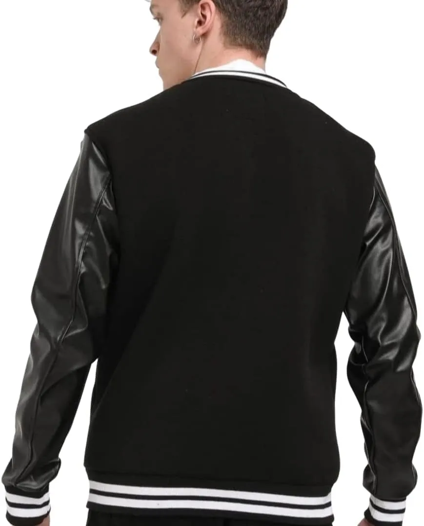 Men's Varsity Jacket with Black Letterman Baseball Style and Leather Sleeves